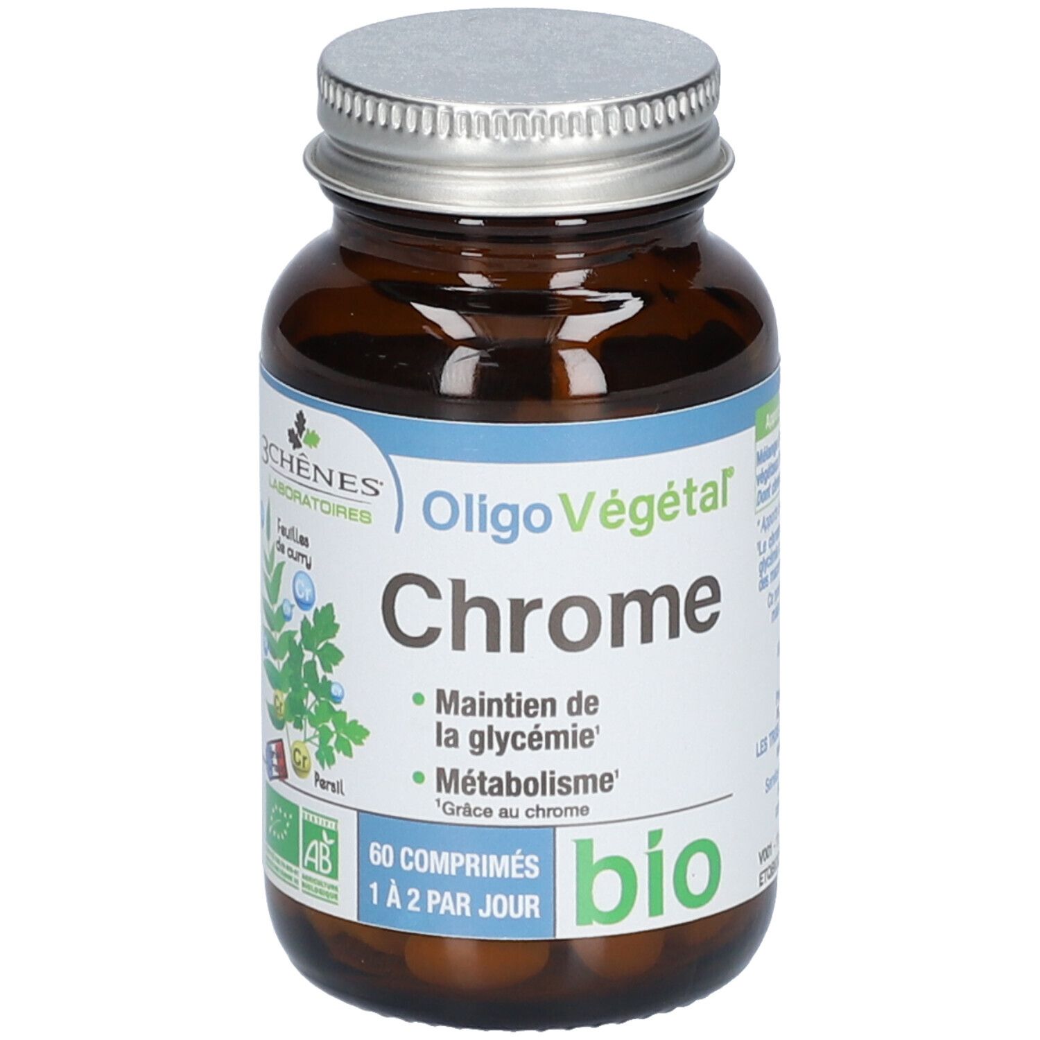 Flacon en verre brun, bouchon argenté. Étiquette "Oligo Végétal Chrome bio". 60 comprimés. Certification bio.