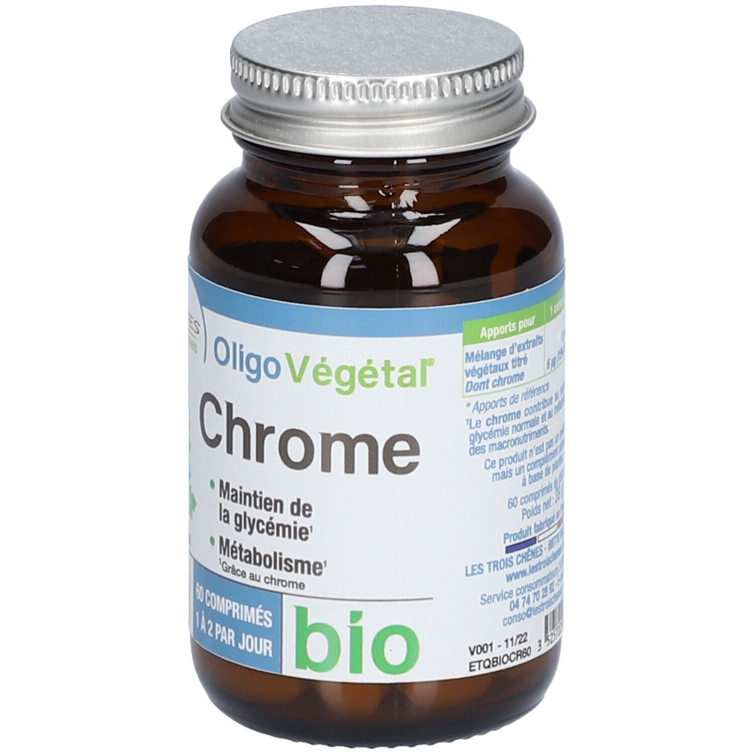 Flacon en verre brun, bouchon argenté. Étiquette "Oligo Végétal Chrome". 60 comprimés. Certification bio.