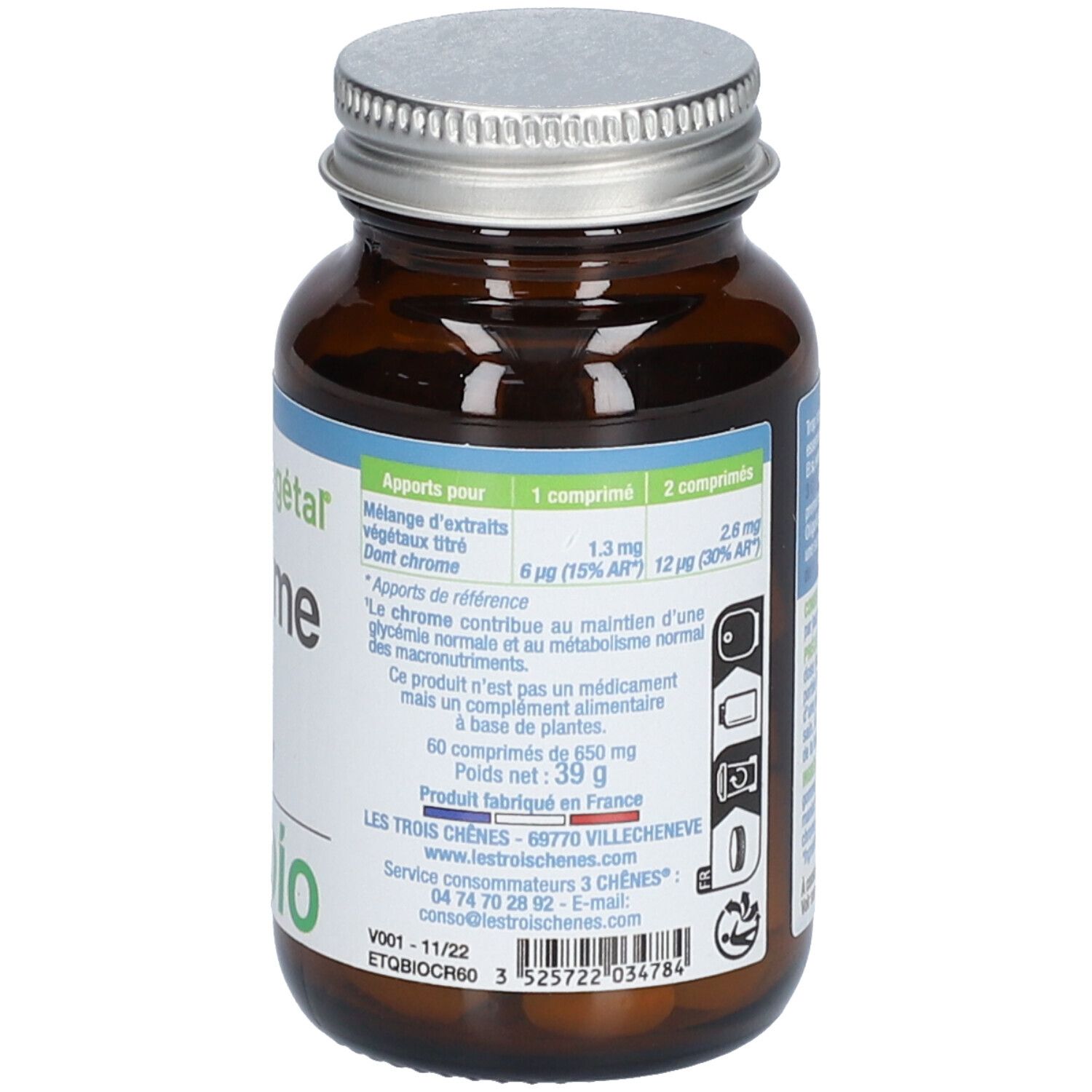 Dos d'un flacon en verre brun. Étiquette avec informations nutritionnelles, ingrédients et certification bio.