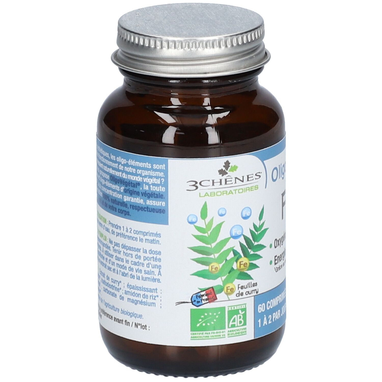 Braune Glasflasche mit Etikett. Produktname, Inhaltsstoffe und Bio-Siegel. Rückseite mit Informationen und Zertifizierungen.