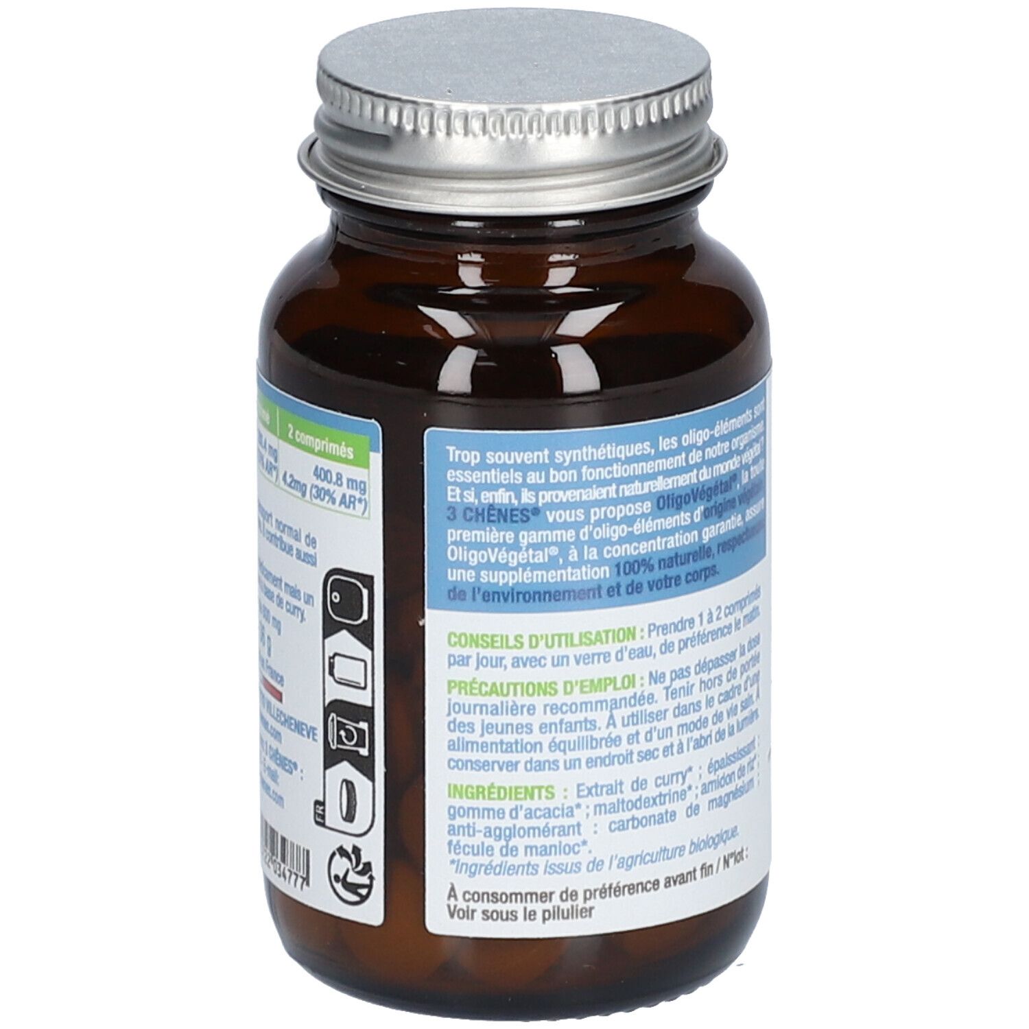 Rückansicht einer braunen Glasflasche. Etikett mit Produktinformationen, Inhaltsstoffen und Gebrauchsanweisung. Bio-Siegel.