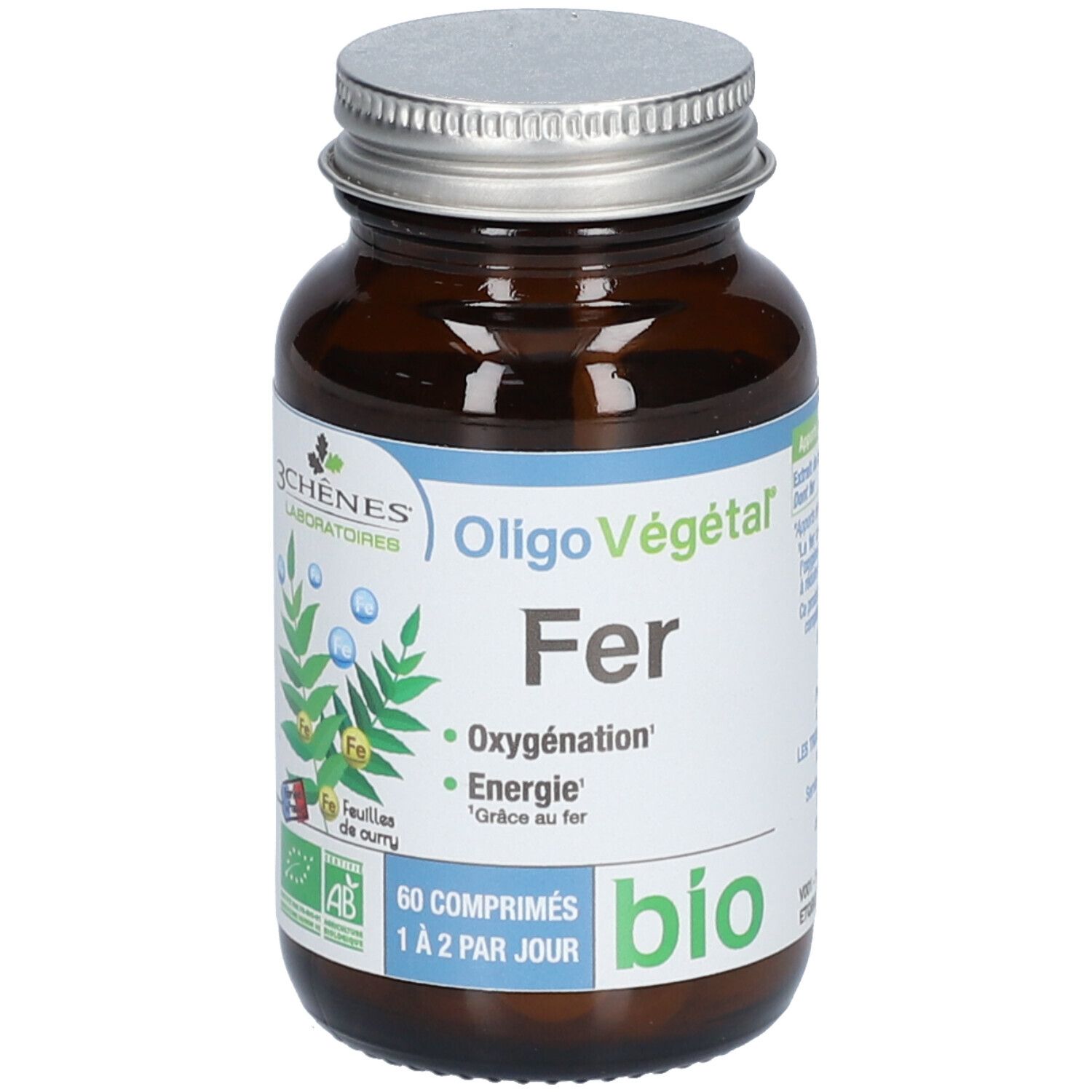 Braune Glasflasche mit silbernem Deckel. Etikett mit Produktnamen, Inhaltsstoffen und Bio-Siegel. 60 Tabletten.