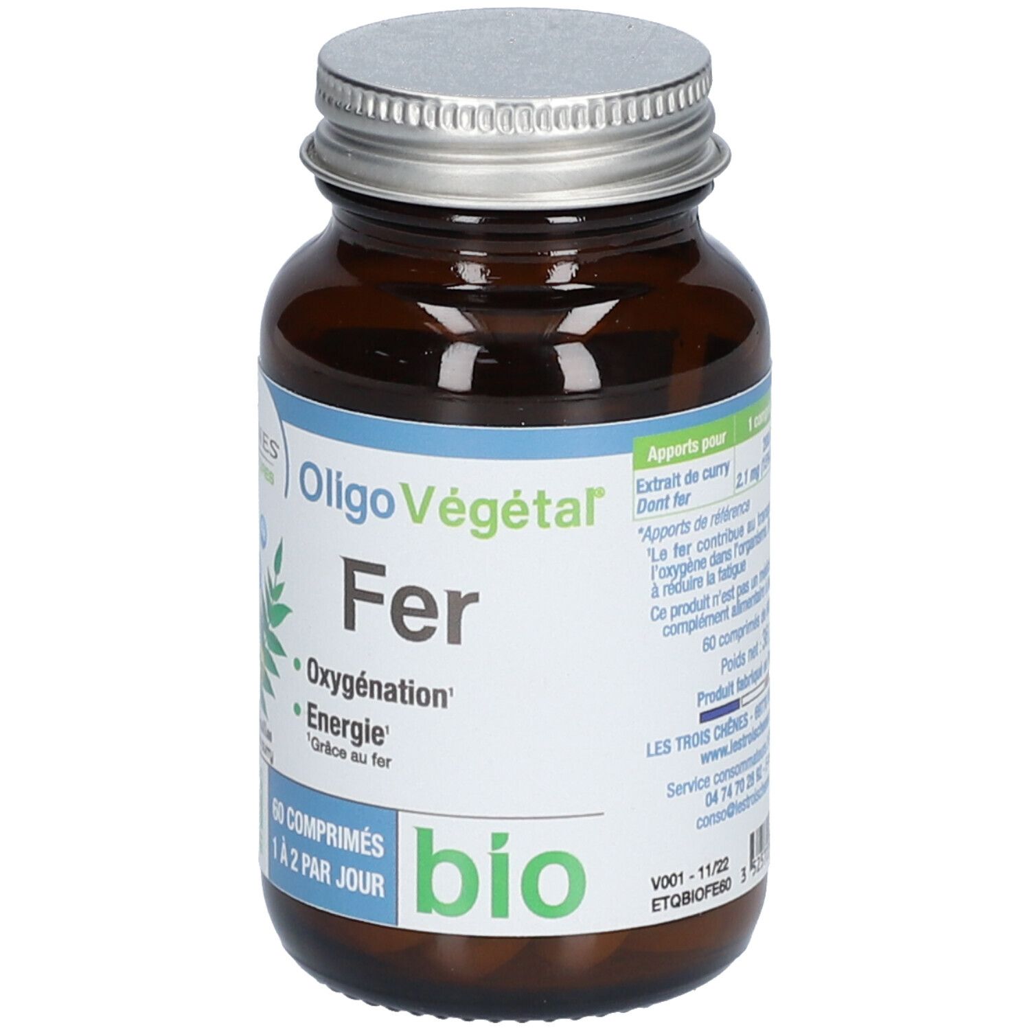Braune Glasflasche mit Etikett. Produktname, Inhaltsstoffe und Bio-Siegel. 60 Tabletten. Informationen zur Dosierung.