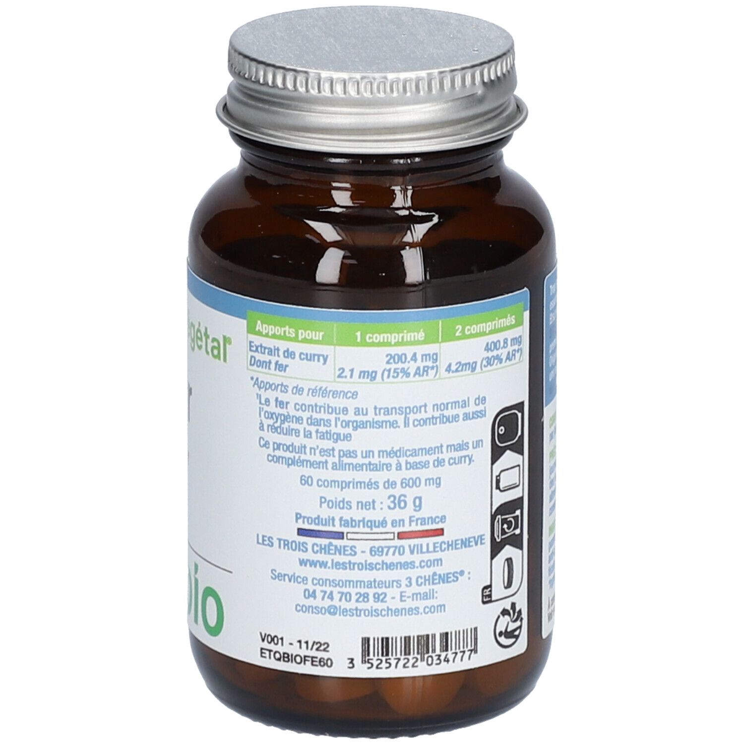 Braune Glasflasche mit Etikett. Produktname, Inhaltsstoffe und Bio-Siegel. 60 Tabletten. Nährwertangaben und Kontaktinformationen.