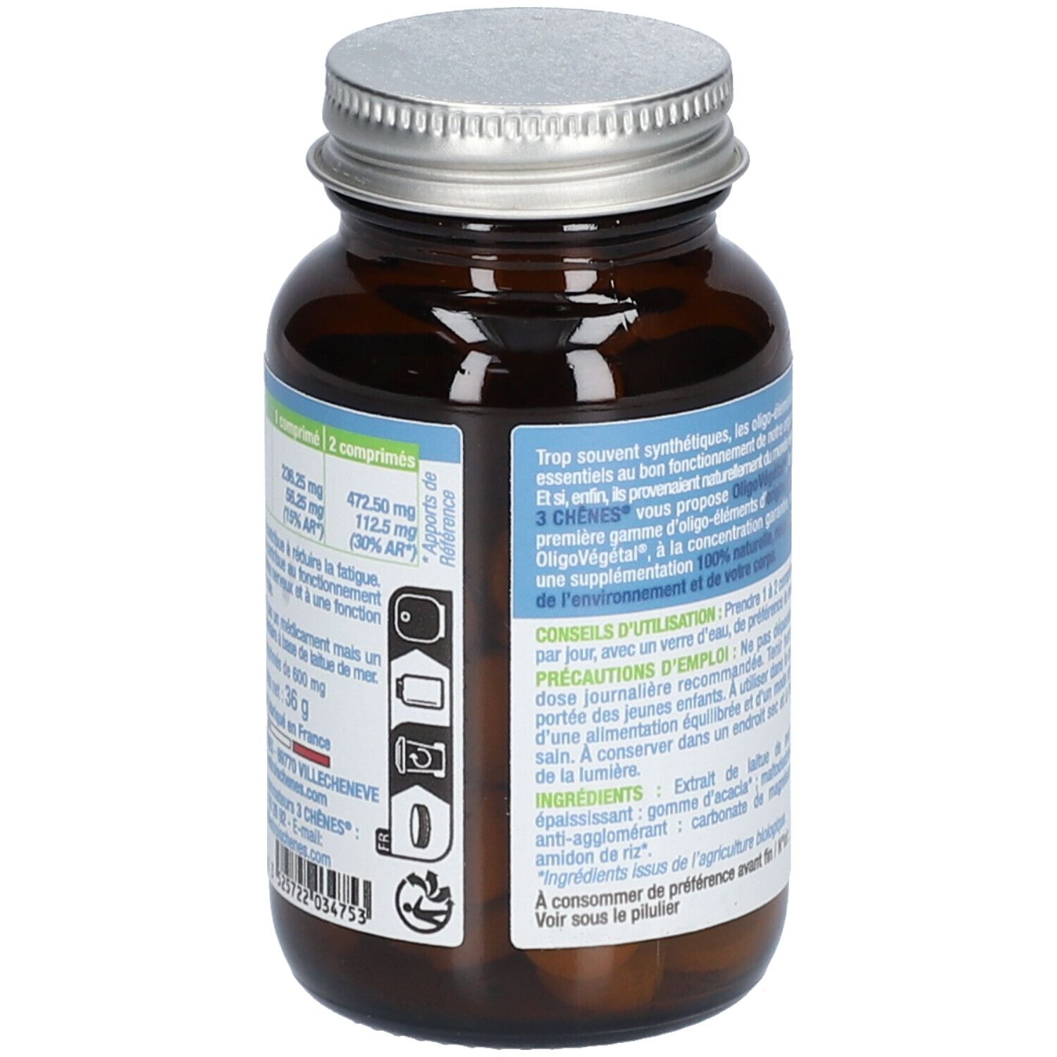 Dos du flacon. Informations nutritionnelles, ingrédients, mode d'emploi. Verre brun, couvercle argenté.