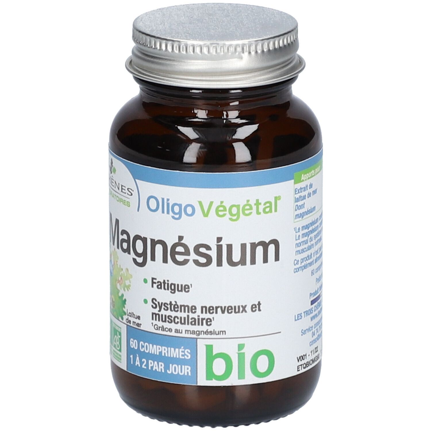 Flacon en verre brun avec bouchon à vis. Étiquette avec nom du produit et label bio. 60 comprimés, 1-2 par jour.