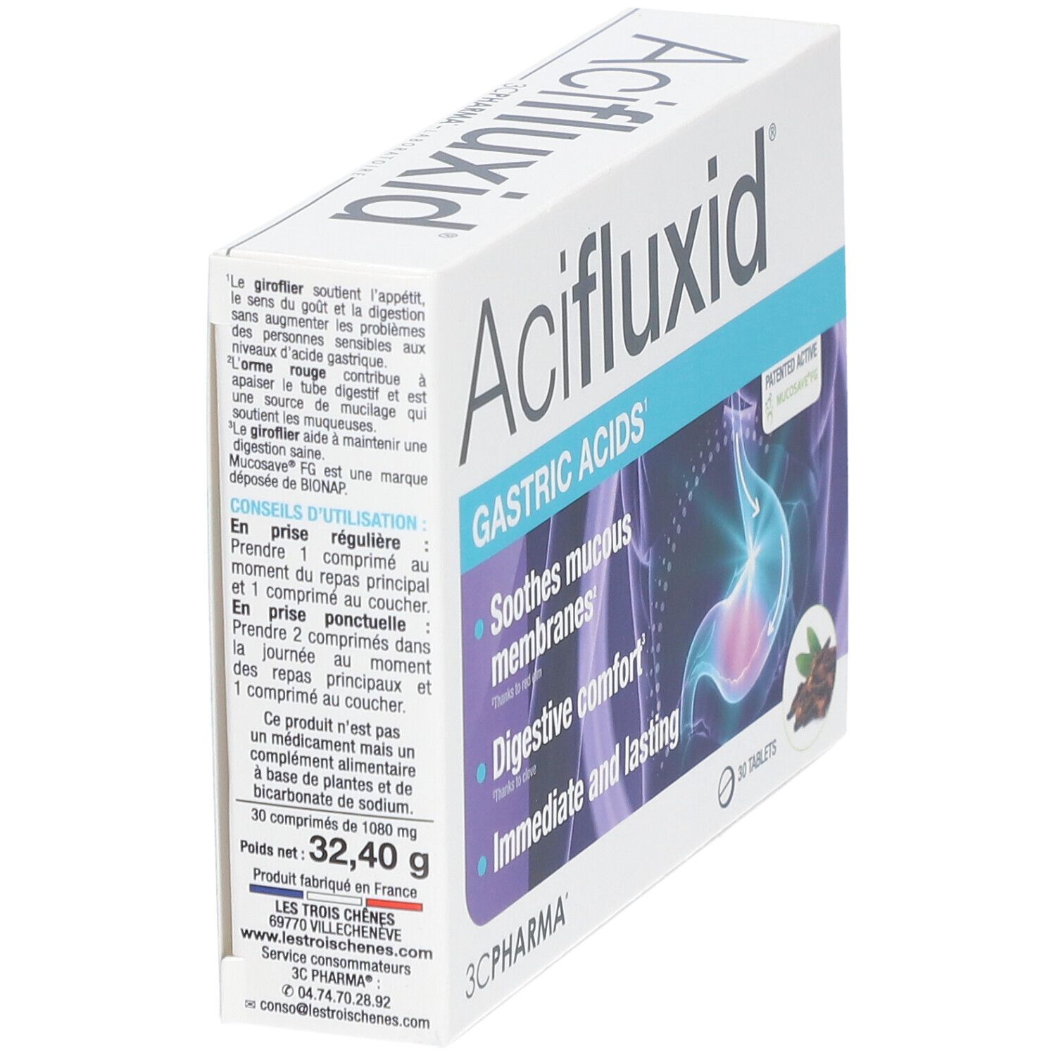 Acifluxid-Verpackung. Blaue und weiße Schachtel mit Produktnamen und Beschreibung. 30 Tabletten. 3C Pharma Logo.