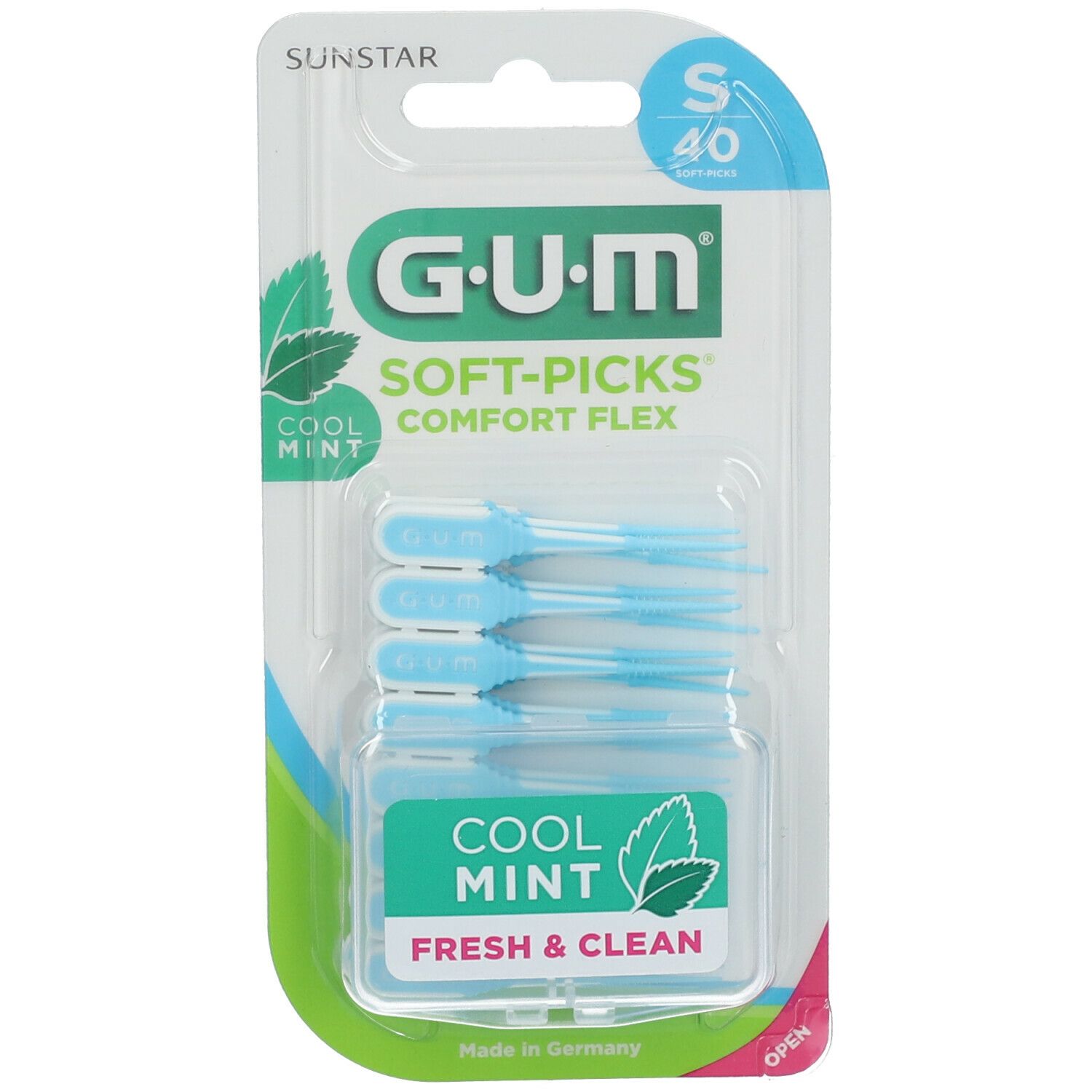 GUM Soft-Picks Comfort Flex, Klein Minze. Paquet de 40. Têtes de brosse bleues dans un étui transparent.