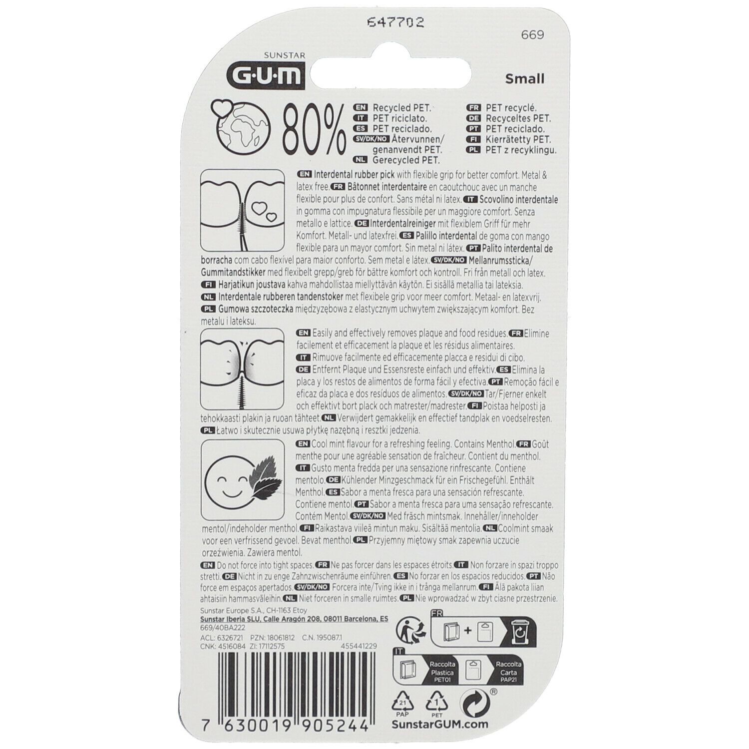 Dos du paquet GUM Soft-Picks Comfort Flex. Contient des informations sur le PET recyclé et les ingrédients.