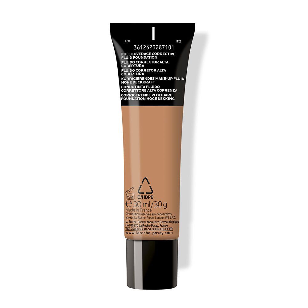 Dos d'un tube de fluide teinté. Inscription : Full Coverage Corrective Fluid Foundation. Contenu : 30 ml/30 g. Marque : LA ROCHE-POSAY.