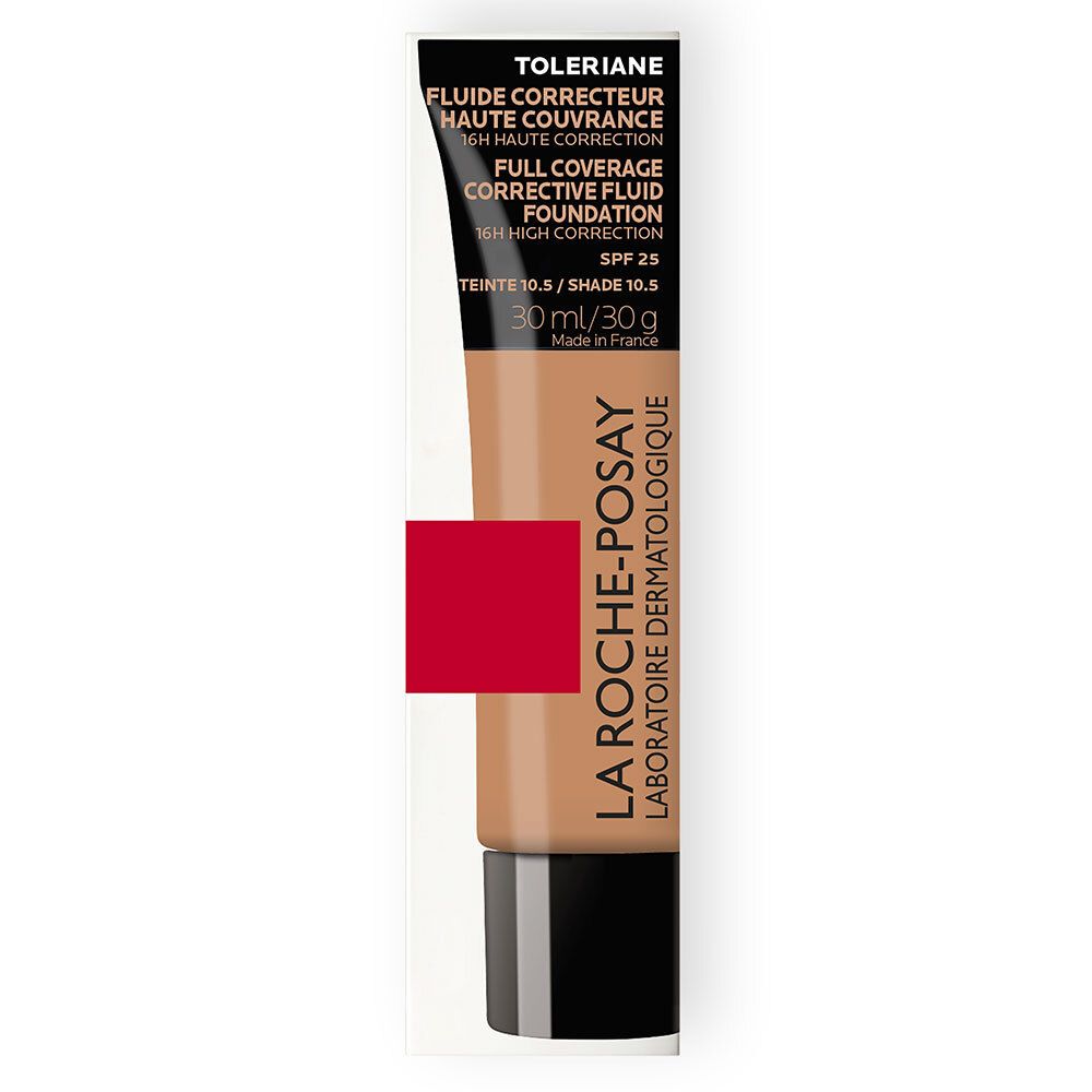 Emballage avec tube de fluide teinté. Inscription : TOLERIANE, Fluide Correcteur Haute Couvrance 16H SPF25. Teinte 10,5. Marque : LA ROCHE-POSAY.