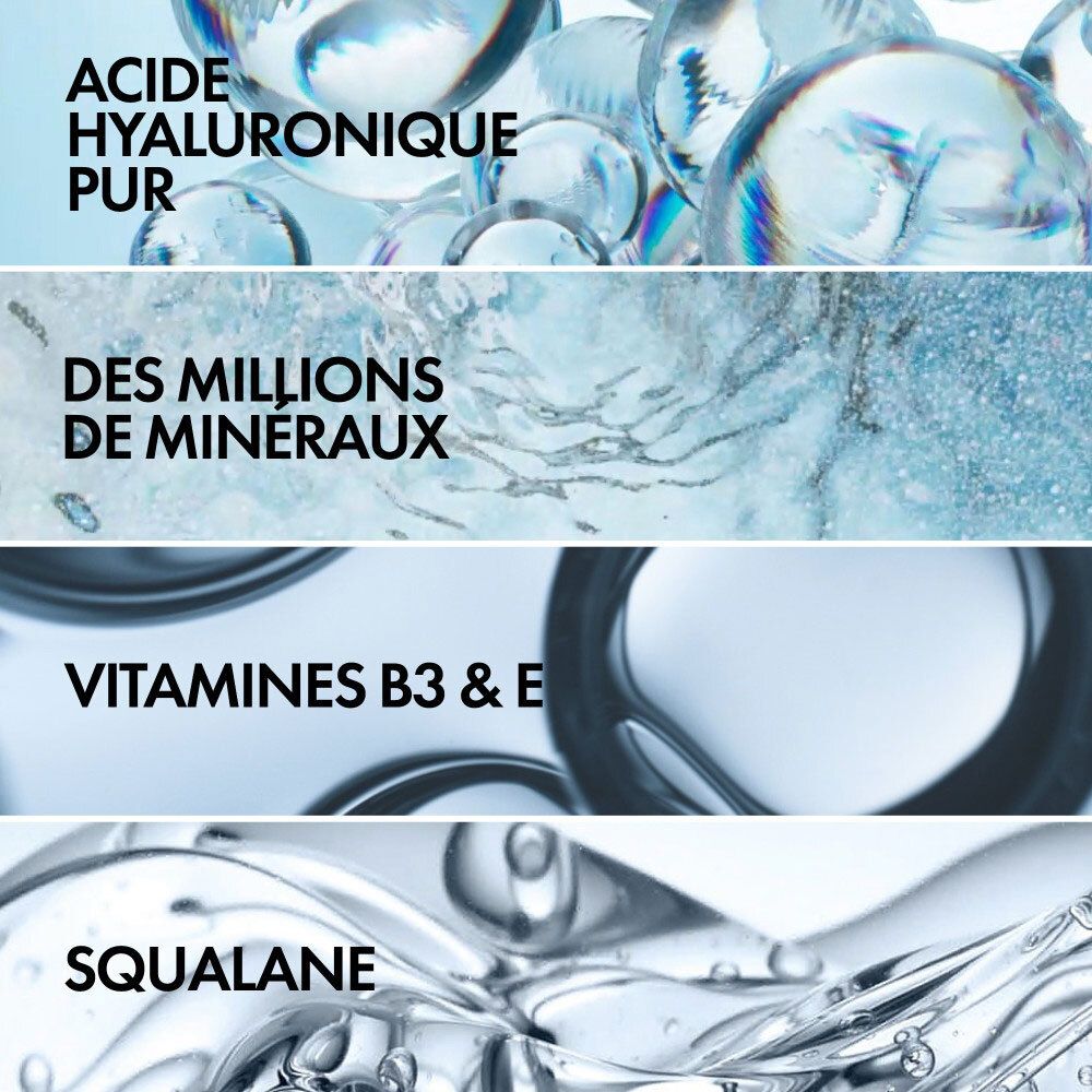 Gros plan sur les ingrédients : acide hyaluronique, minéraux, vitamines B3 & E, squalane. Liquides bleus et transparents.