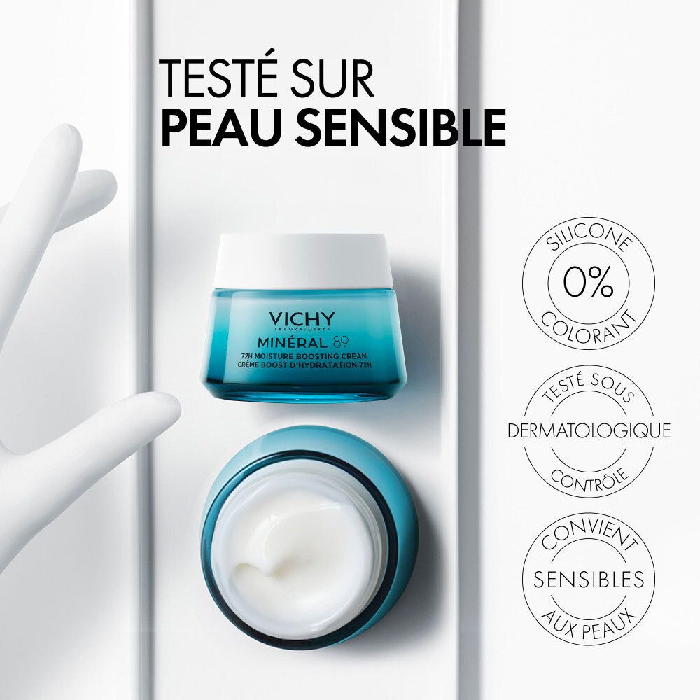 Deux crèmes Vichy Minéral 89. Texte : Testé sur peau sensible. 0% silicone, testé dermatologiquement.