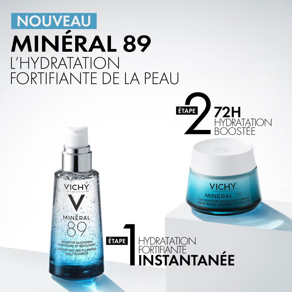 Sérum et crème Vichy Minéral 89. Texte : 72H Hydratation Boostée. 2 étapes : Hydratation instantanée et 72H.