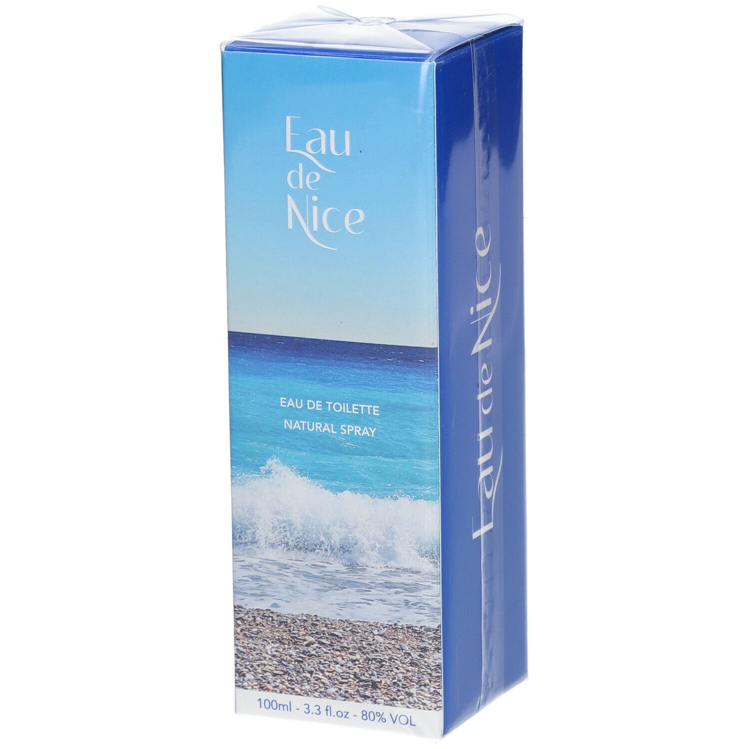 Blaue Verpackung von Eau de Nice Eau de Toilette Natural Spray. Vorderseite mit Strandmotiv und Produktbezeichnung.