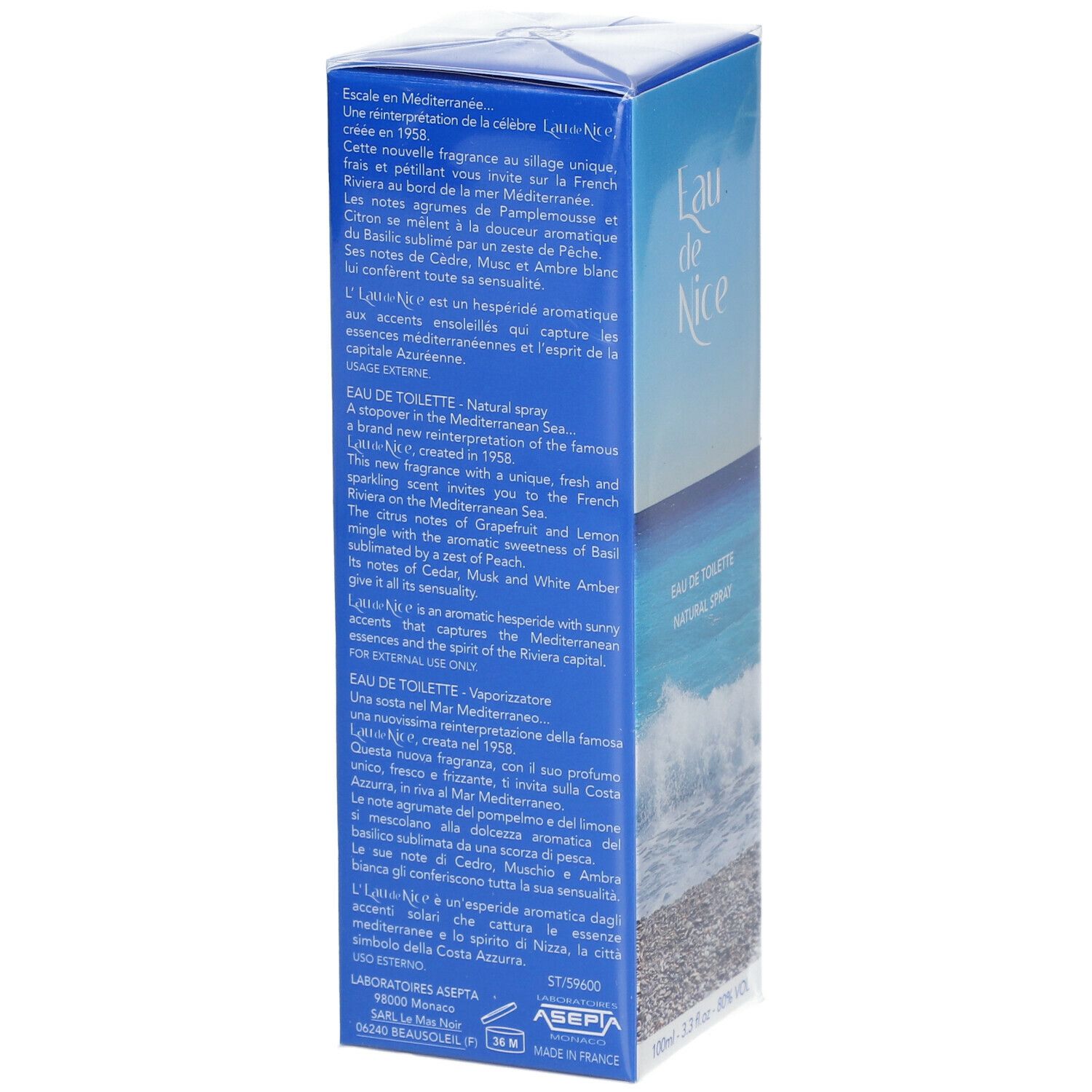 Blaue Verpackung von Eau de Nice Eau de Toilette Natural Spray. Text auf der Seite, Strandmotiv und Produktbezeichnung.