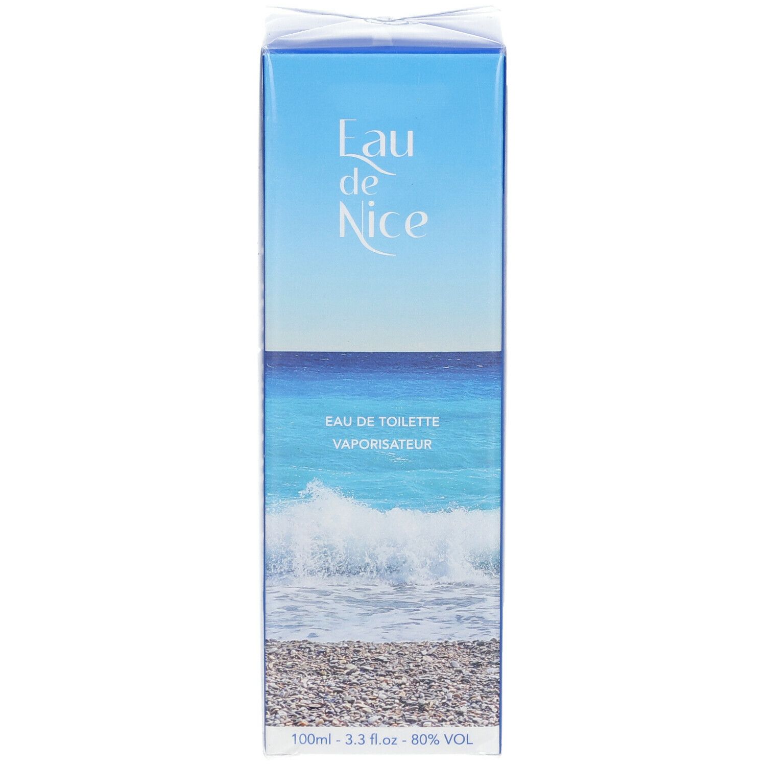 Blaue Verpackung von Eau de Nice Eau de Toilette Vaporisateur. Vorderseite mit Strandmotiv und Produktbezeichnung.
