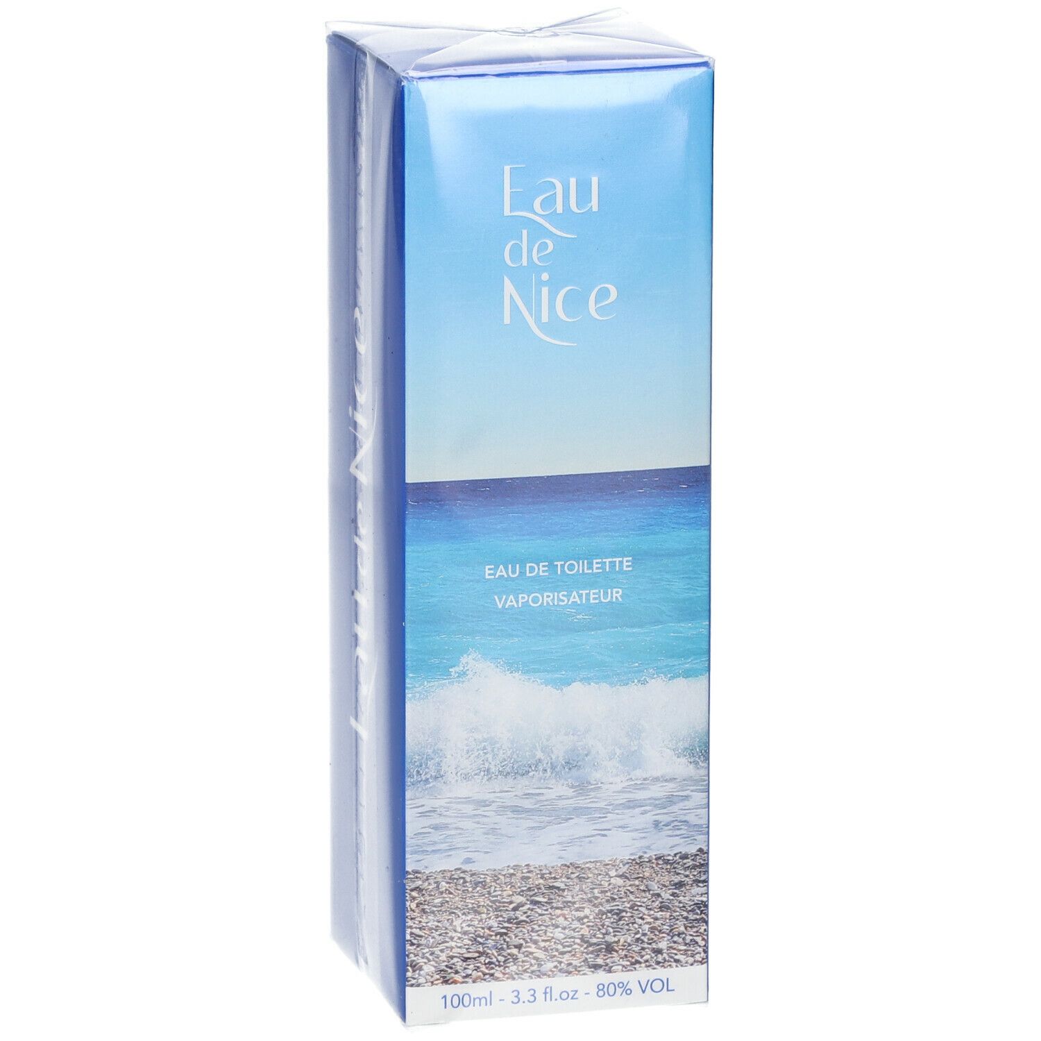 Blaue Verpackung von Eau de Nice Eau de Toilette Vaporisateur. Vorderseite mit Strandmotiv und Produktbezeichnung.
