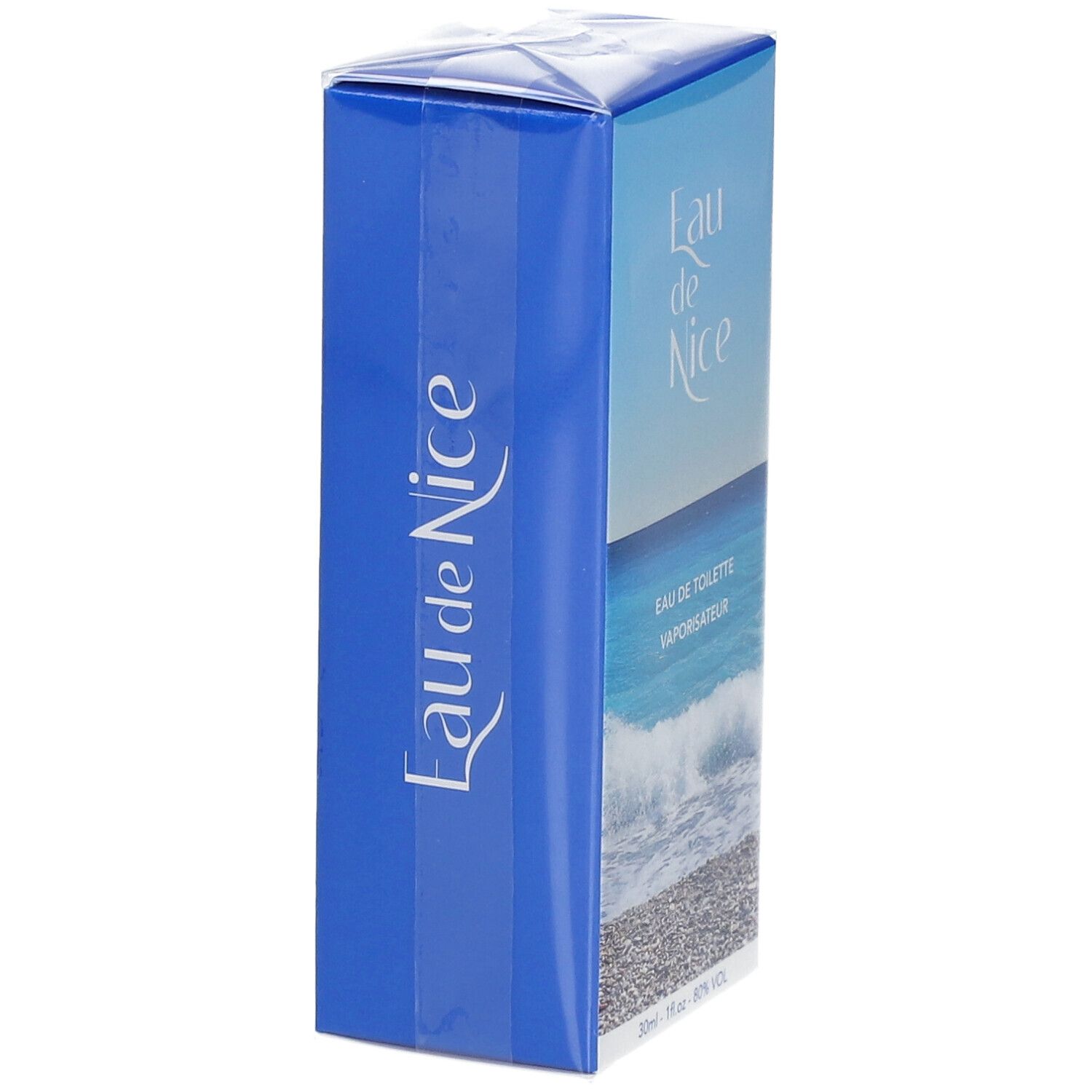 Blauwe doos met "Eau de Nice"-logo. Op de zijkant: "Eau de Nice". Verpakt in transparant plastic.