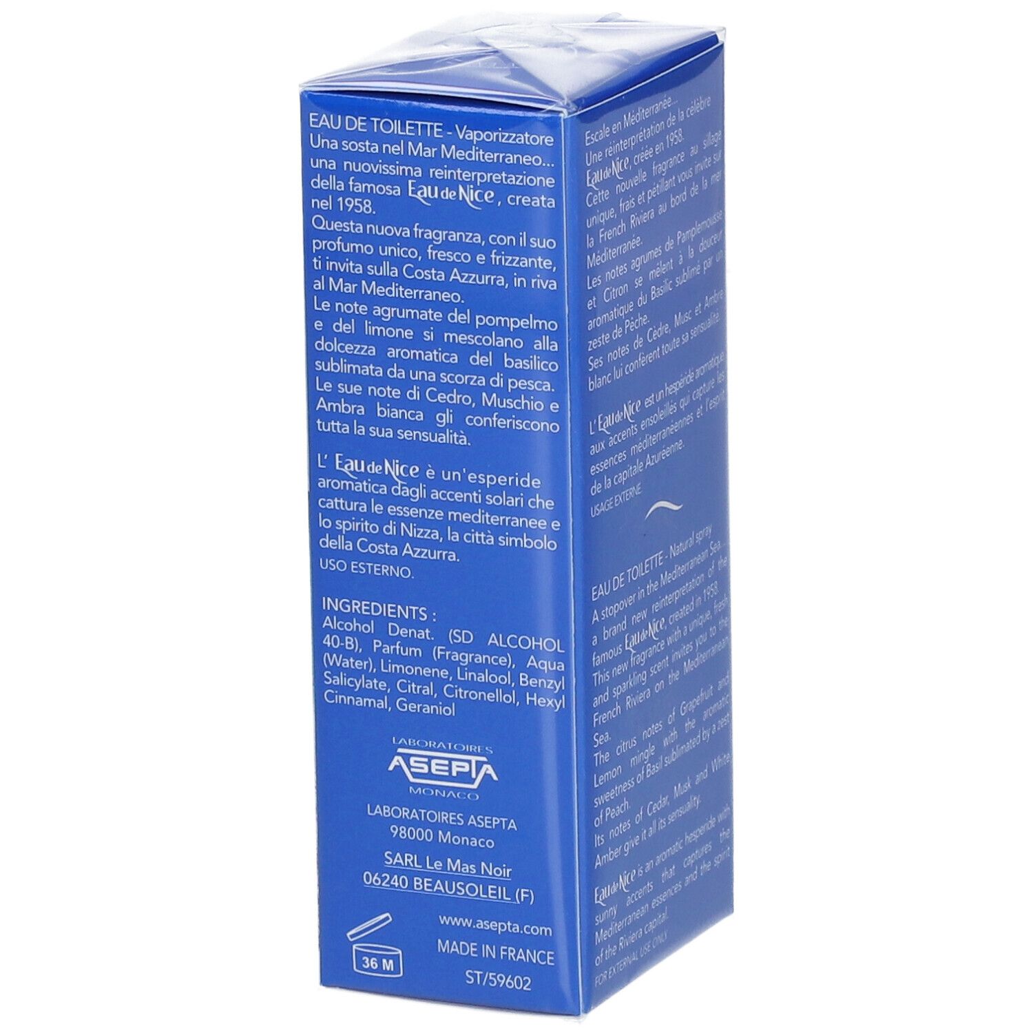 Blauwe doos met tekst en ingrediënten. Op de zijkant: "Eau de Nice". Verpakt in transparant plastic.