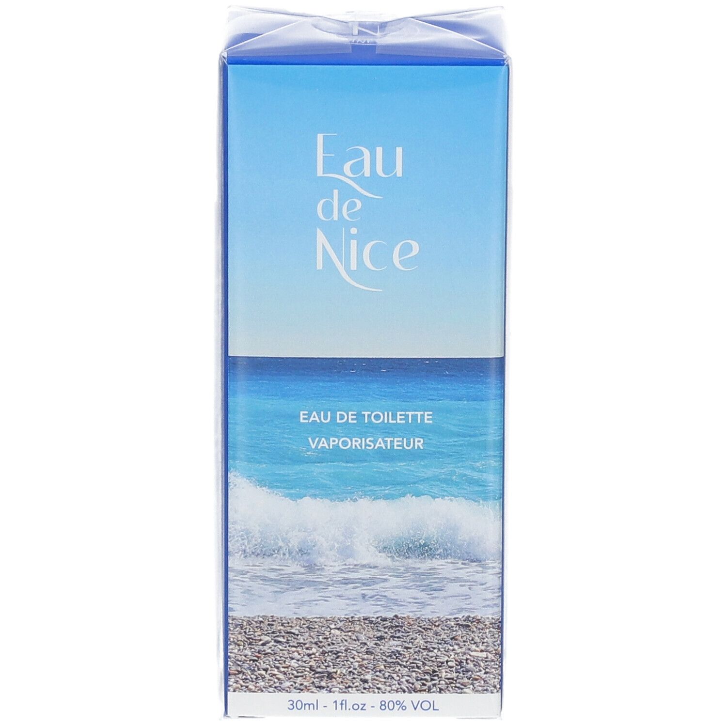 Blauwe doos met "Eau de Nice"-logo. Tekst: "Eau de Toilette Vaporisateur". Onder: "30ml - 1 fl.oz - 80% VOL".
