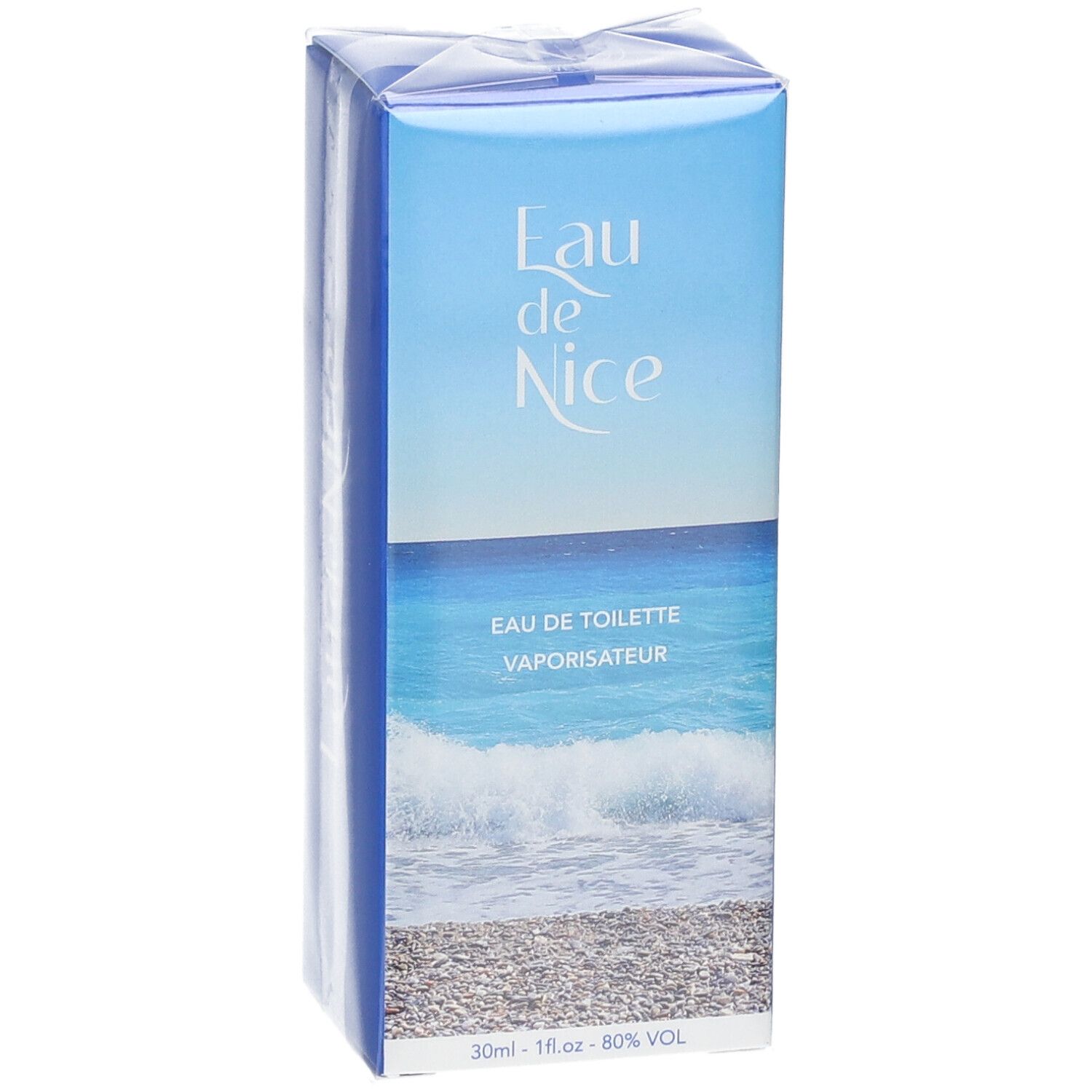 Blauwe doos met "Eau de Nice"-logo. Tekst: "Eau de Toilette Vaporisateur". Onder: "30ml - 1 fl.oz - 80% VOL".