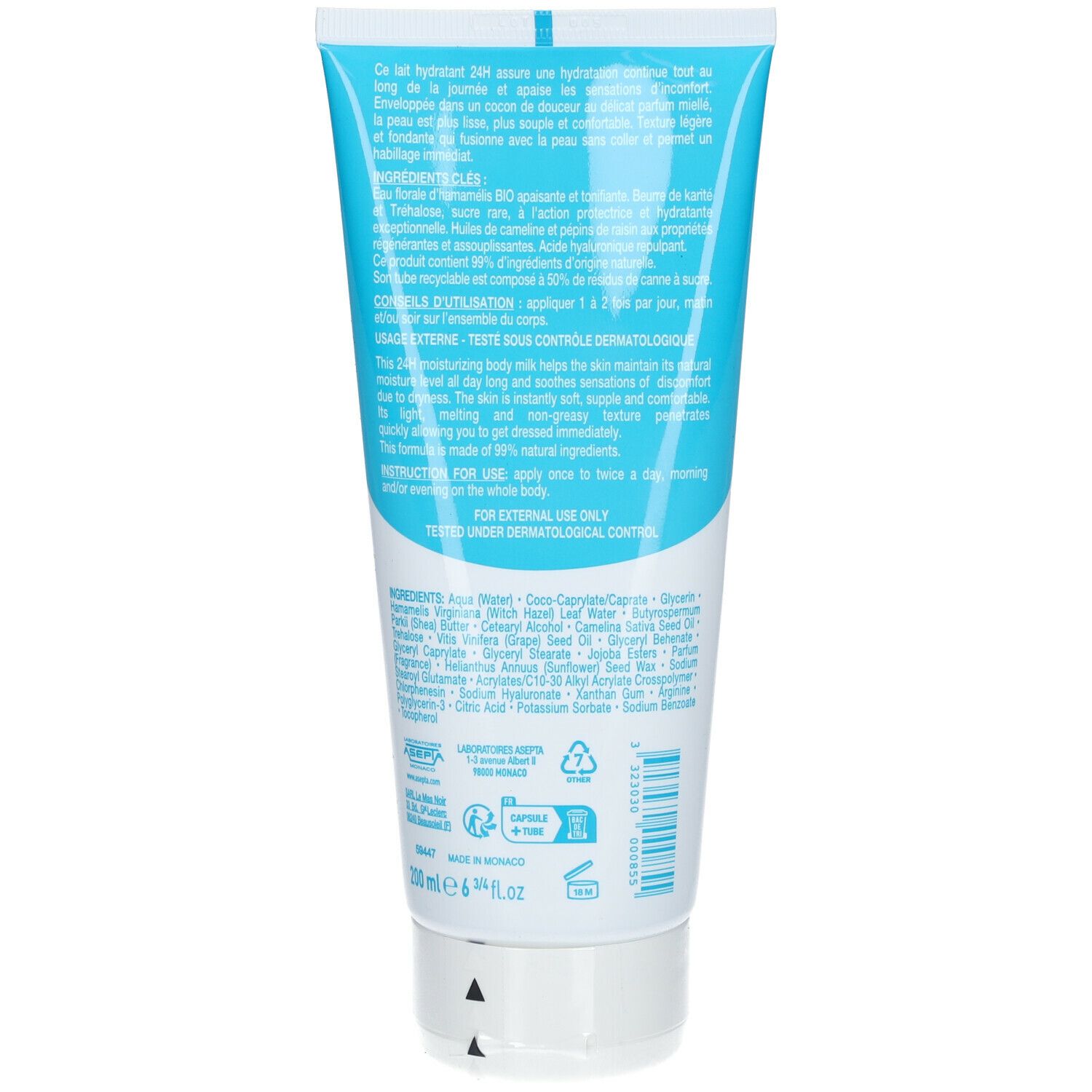 Dos du tube de lait corporel. Informations textuelles en français et en anglais. Ingrédients et mode d'emploi.