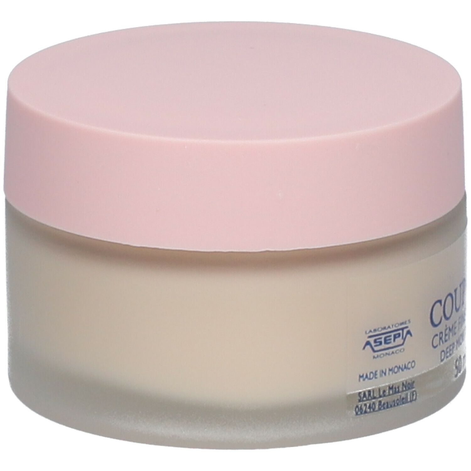 Pot de crème avec couvercle rose. Inscription : Coup d'Eclat CRÈME FINE HYDRA-PROTECT 24H. Crème hydratation profonde. Logo Asepia.