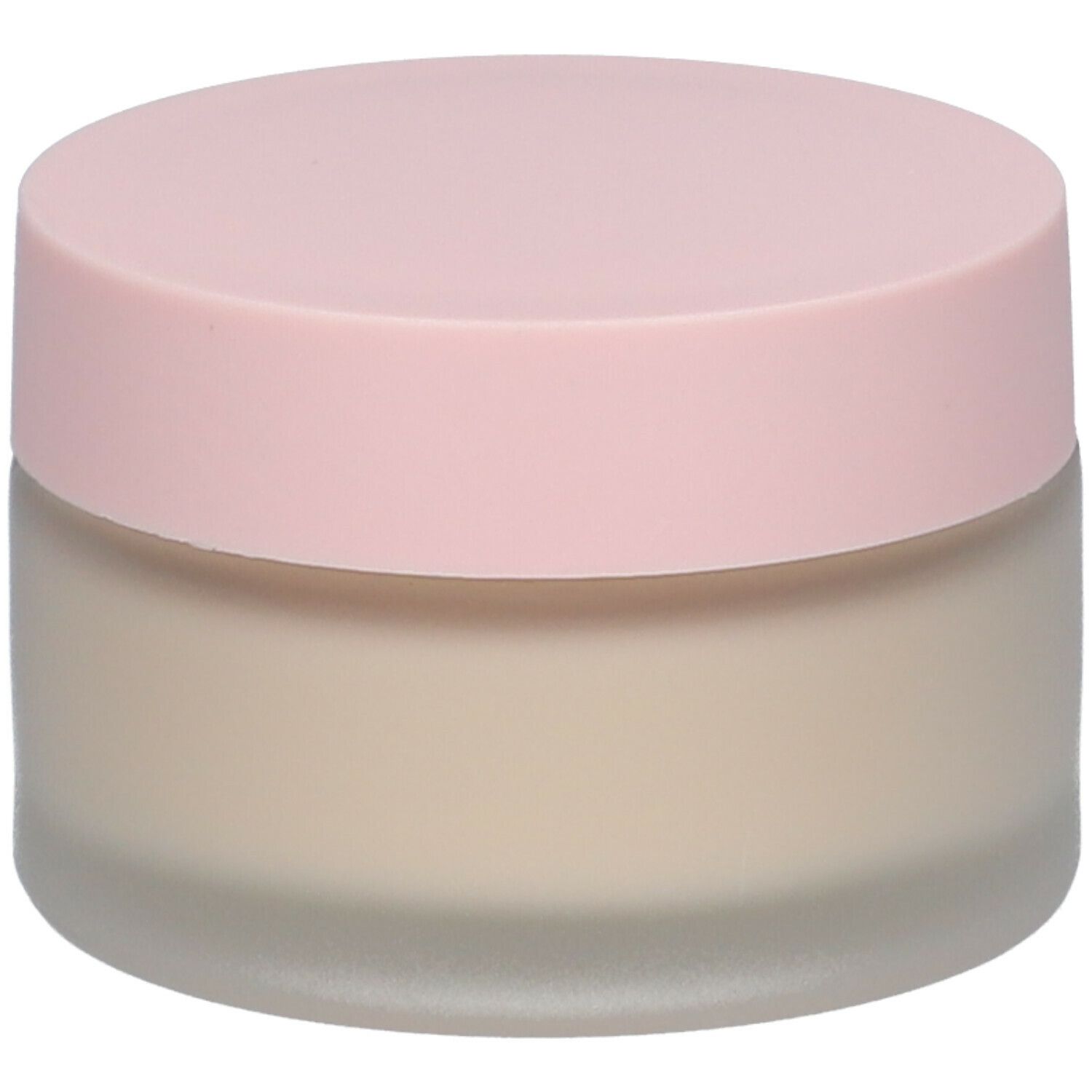 Pot de crème avec couvercle rose. Inscription illisible. Pot en verre dépoli.