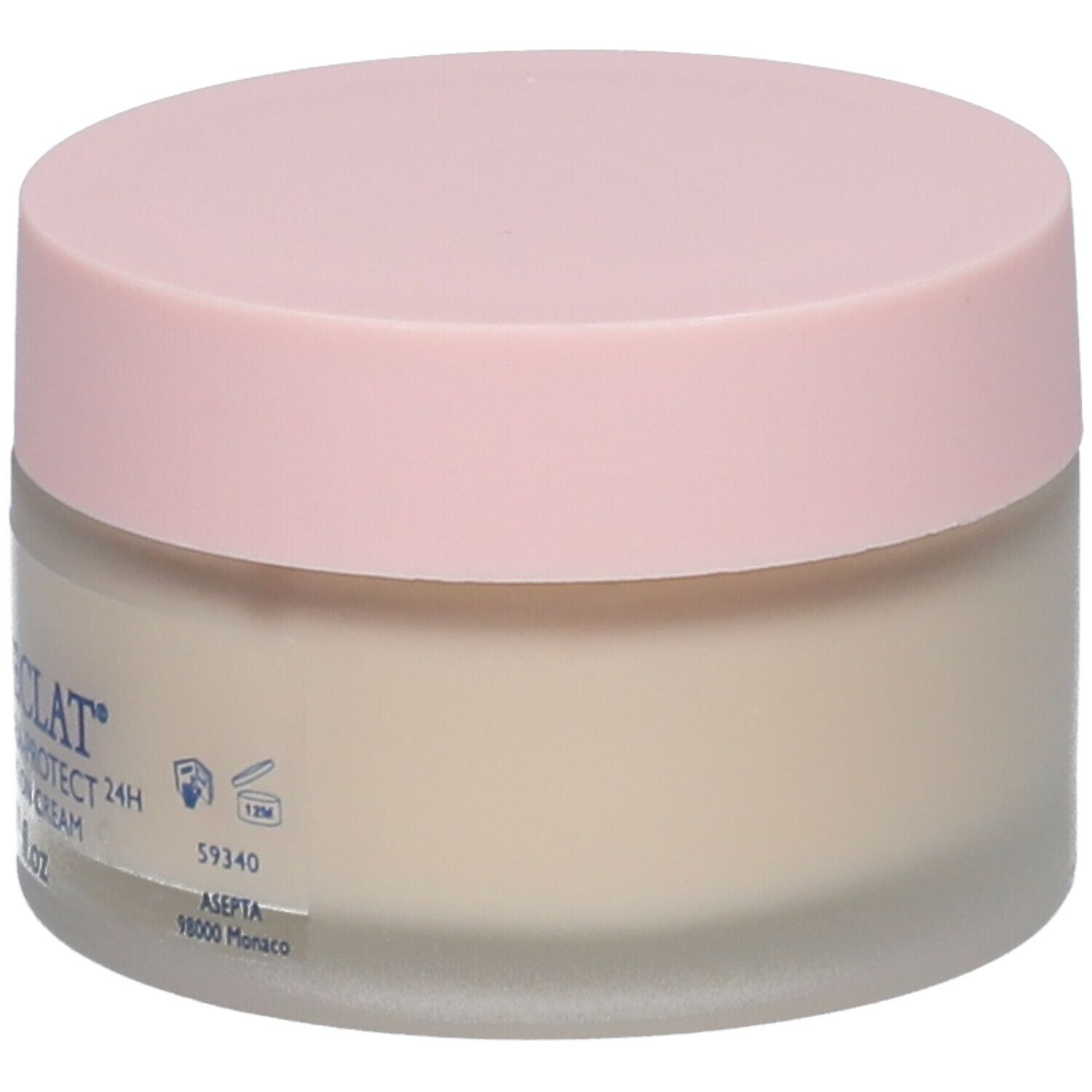 Pot de crème avec couvercle rose. Inscription illisible. Logo Asepia.
