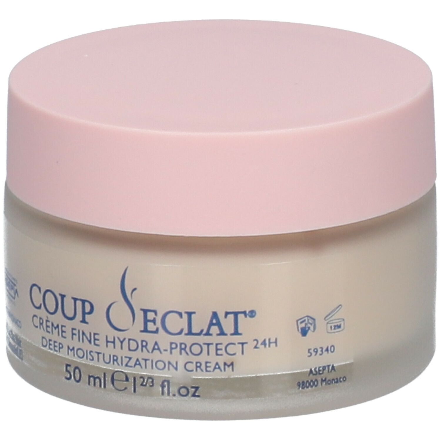Pot de crème avec couvercle rose. Inscription : Coup d'Eclat CRÈME FINE HYDRA-PROTECT 24H. 50 ml. Crème hydratation profonde.