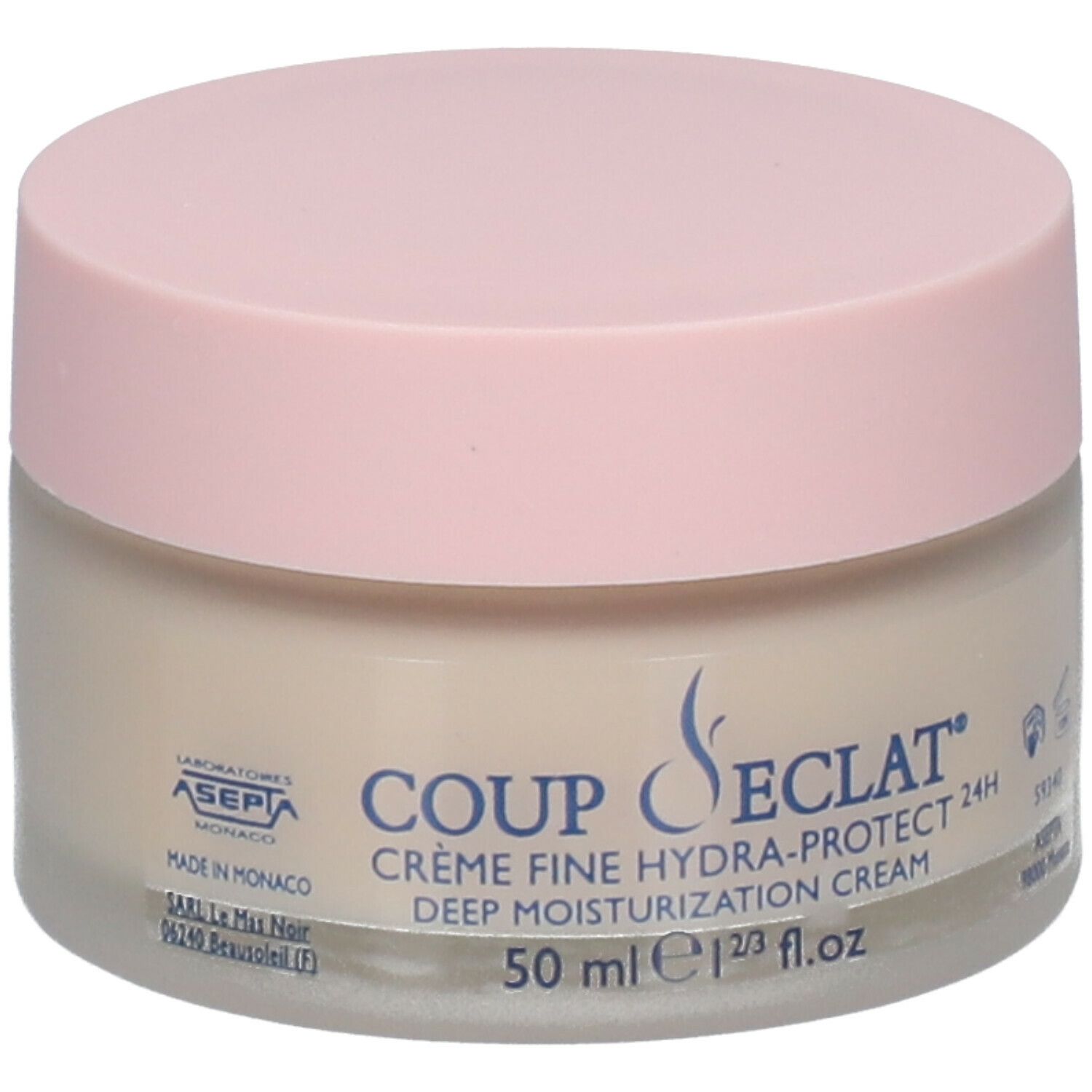 Pot de crème avec couvercle rose. Inscription : Coup d'Eclat CRÈME FINE HYDRA-PROTECT 24H. 50 ml. Crème hydratation profonde.