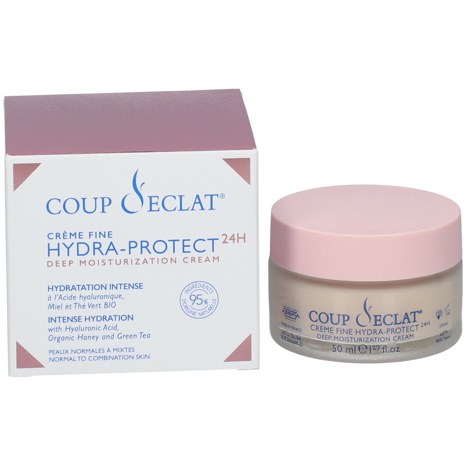 Emballage et pot de crème. Inscription : Coup d'Eclat CRÈME FINE HYDRA-PROTECT 24H. 50 ml. 95% ingrédients d'origine naturelle.