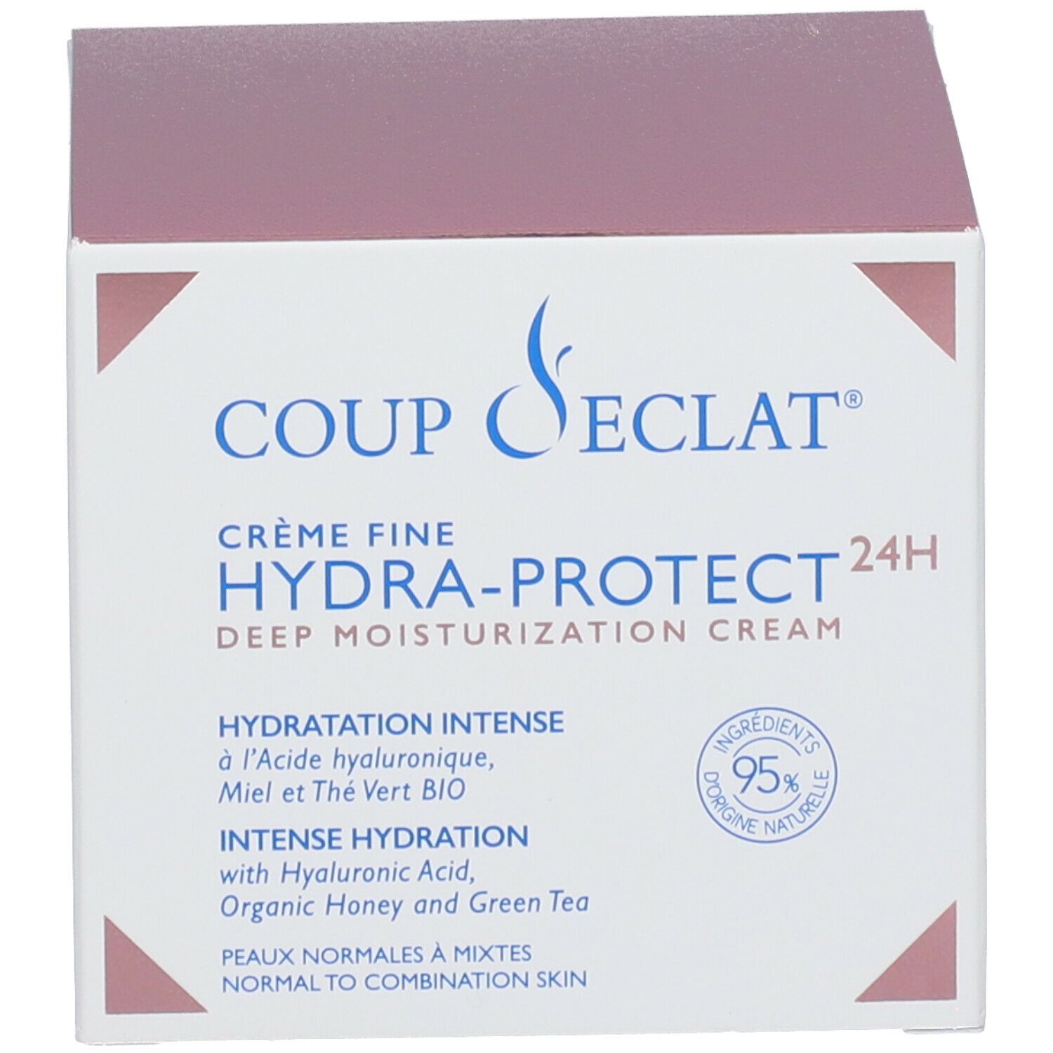 Emballage. Inscription : Coup d'Eclat CRÈME FINE HYDRA-PROTECT 24H. 95% ingrédients d'origine naturelle. Hydratation intense.
