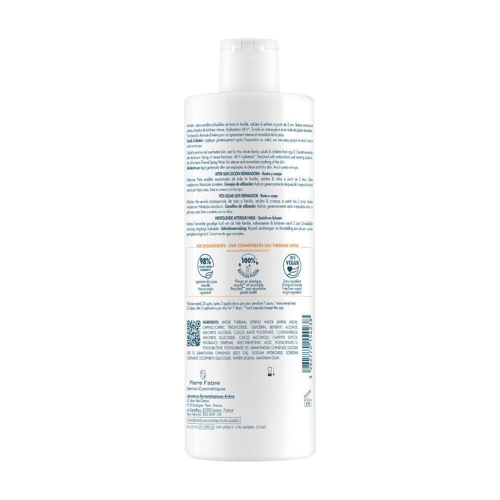 Rückseite der Avène Après-Soleil Flasche. Textinformationen, Inhaltsstoffe, Zertifizierungen und QR-Code.