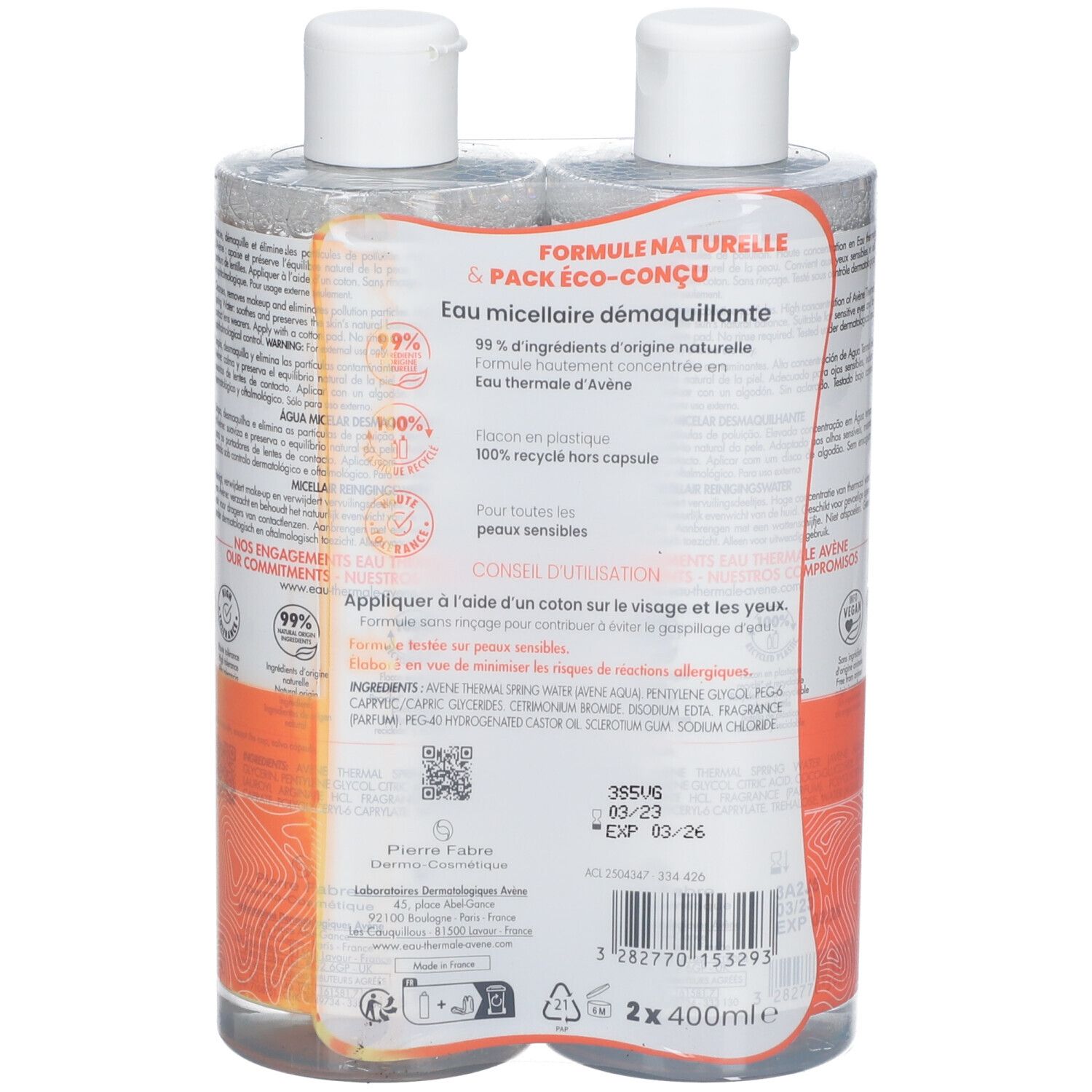 Dos de l'emballage avec informations. Inscription: Eau micellaire démaquillante, 99% ingrédients d'origine naturelle.