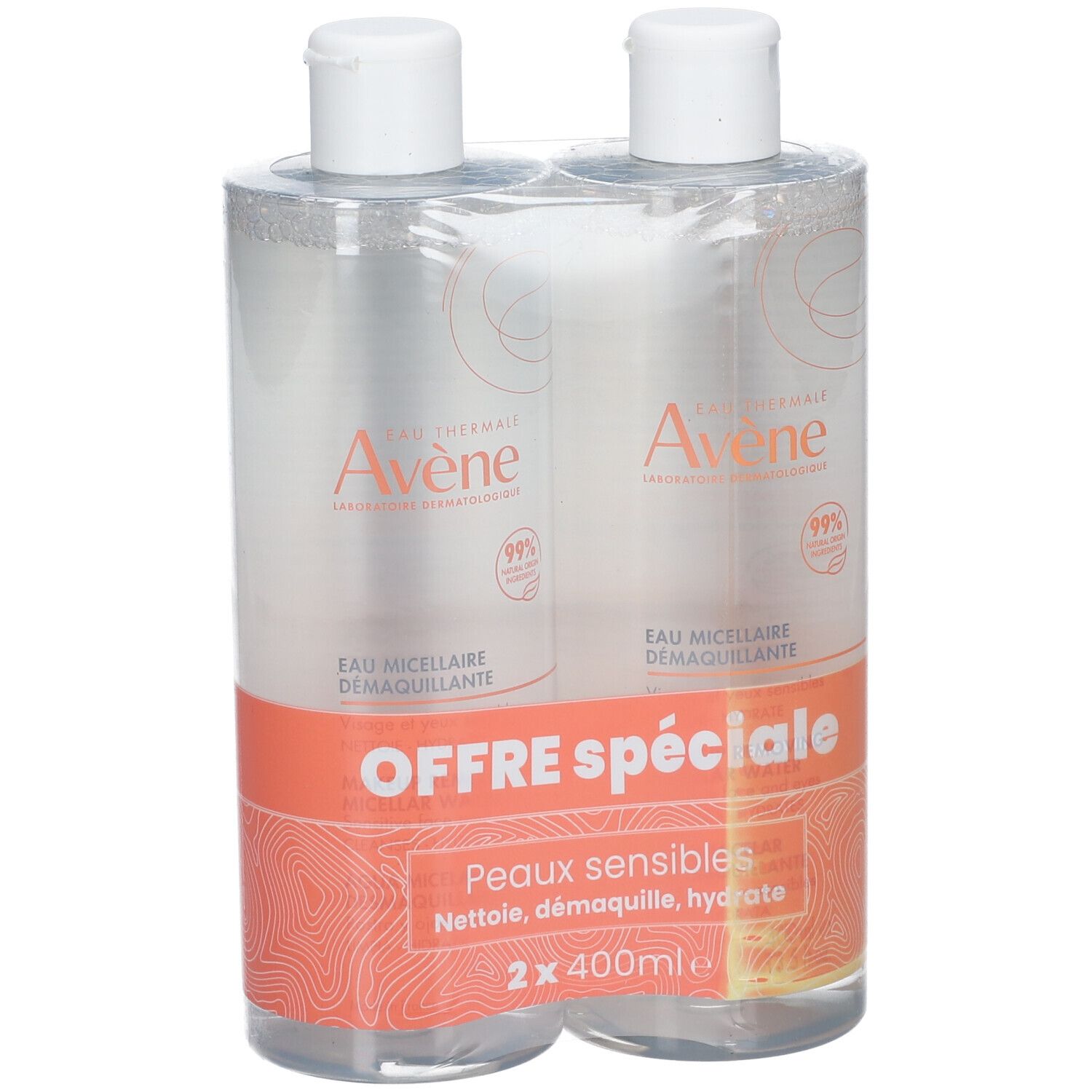 Deux flacons d'eau micellaire emballés. Inscription: Avène, Eau Micellaire Démaquillante, Offre spéciale, Peaux sensibles.