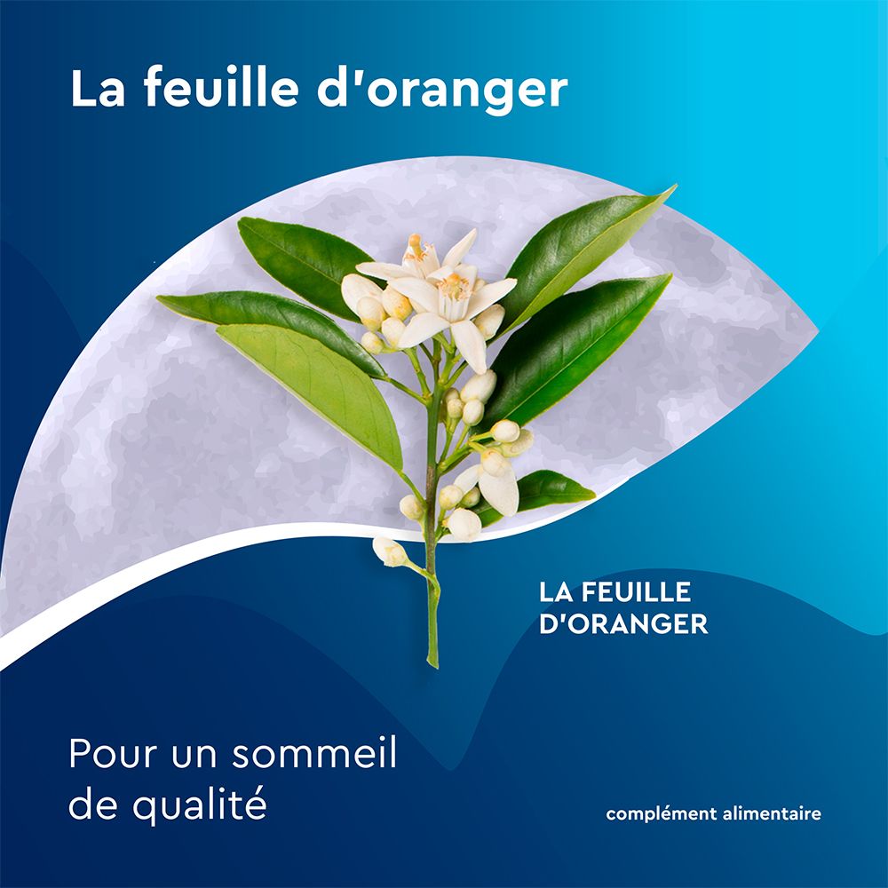 Branche de fleurs d'oranger. Texte: La feuille d'oranger. Pour un sommeil de qualité. Complément alimentaire.