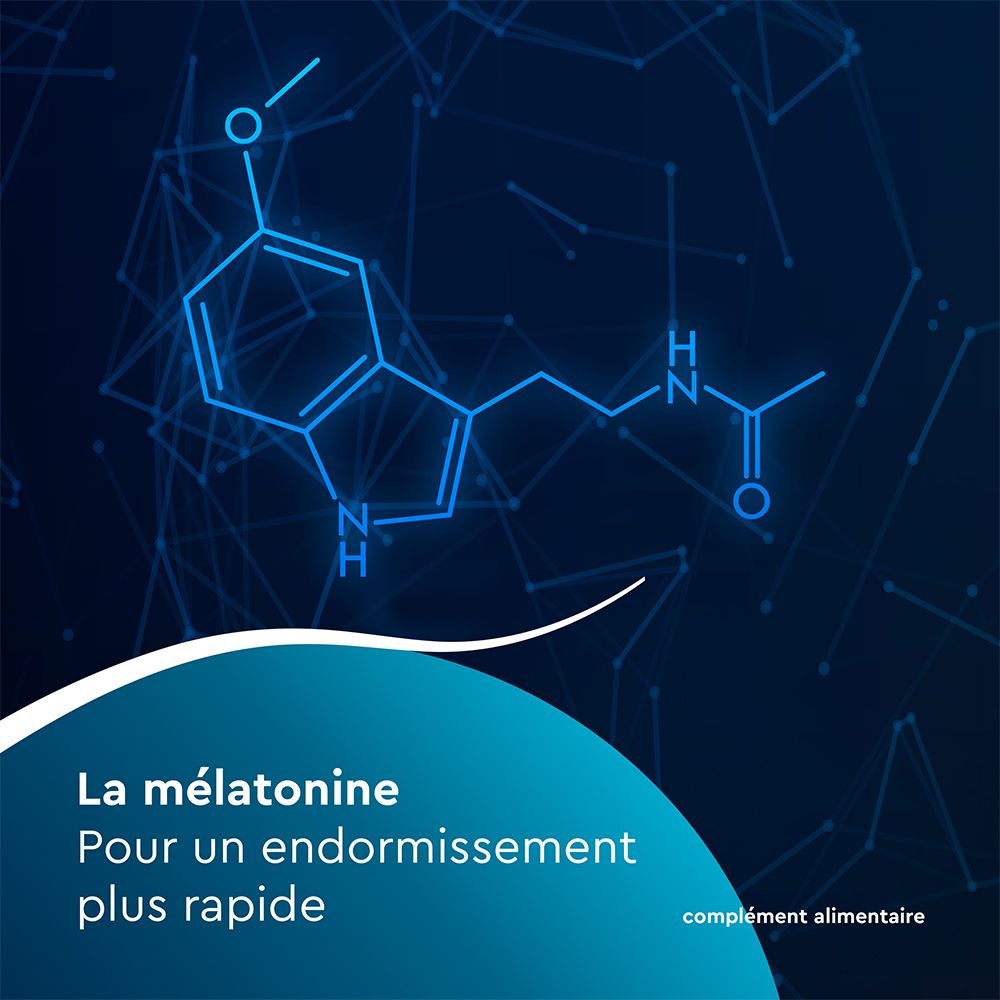 Schéma de la molécule de mélatonine. Texte: La mélatonine. Pour un endormissement plus rapide. Complément alimentaire.