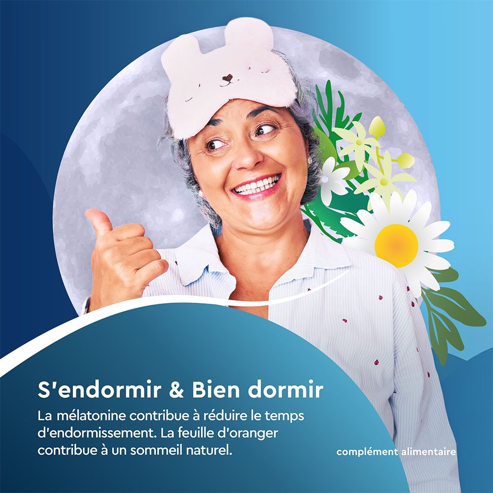 Femme avec masque de sommeil, pouce levé. Texte: S'endormir & Bien dormir. Complément alimentaire.