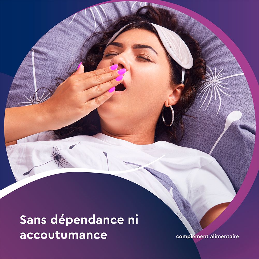 Femme bâillant au lit, portant un masque de sommeil. Texte: Sans dépendance ni accoutumance. Complément alimentaire.