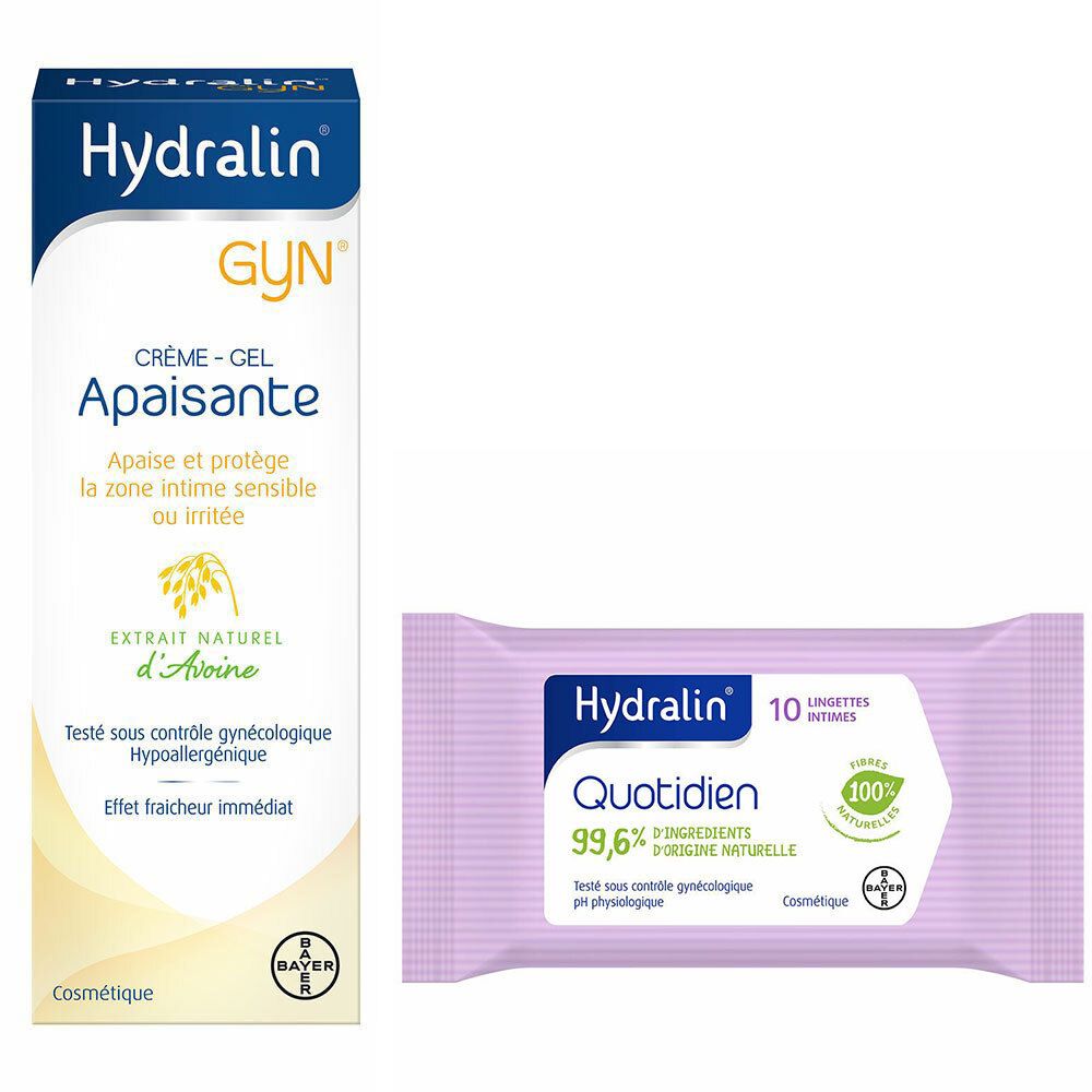 Emballage crème-gel et lingettes. Inscription Hydralin, GYN, Apaisante. Lingettes Quotidien, 10 lingettes.