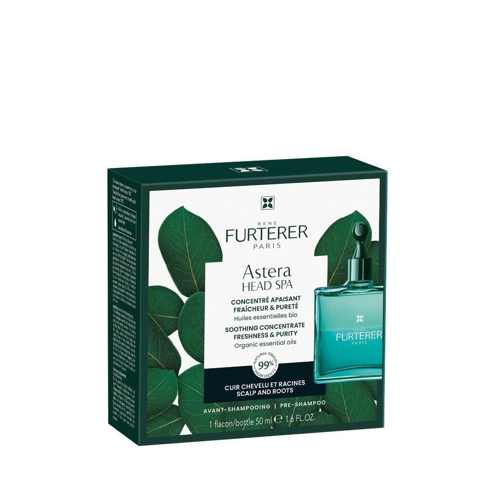 Emballage avec produit et feuilles. Texte: ASTERA HEAD SPA, 99% ingrédients naturels. Flacon visible.