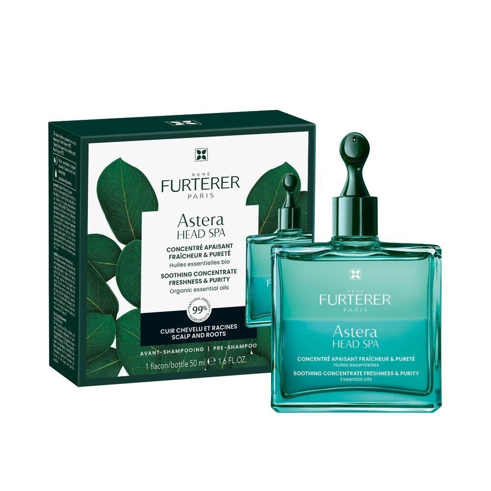 Emballage avec produit et reflet. Texte: ASTERA HEAD SPA, 99% ingrédients naturels. Flacon visible.