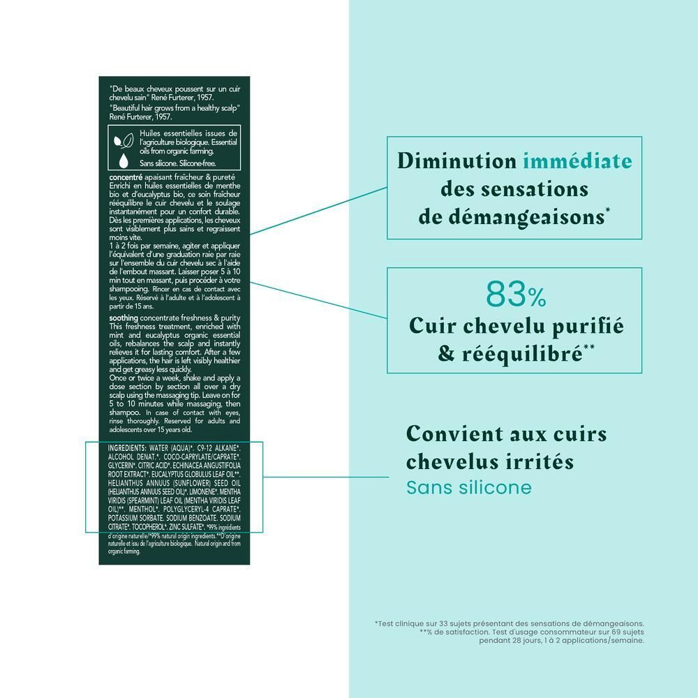 Texte sur fond turquoise. Texte: Soulagement immédiat des démangeaisons, 83% cuir chevelu purifié.