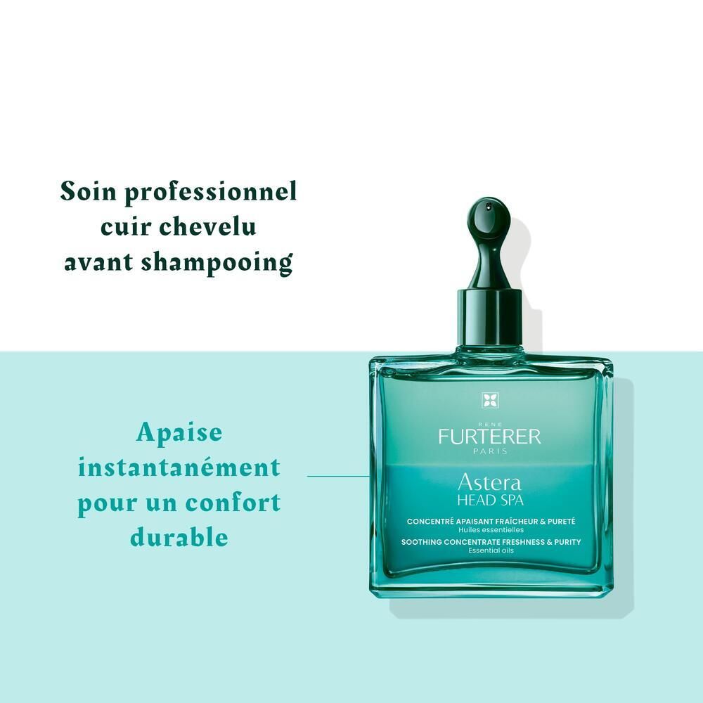 Produit et texte sur fond turquoise. Texte: Soin professionnel avant shampooing.