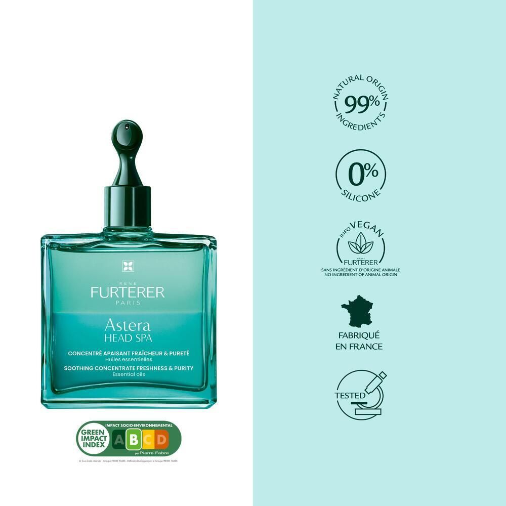 Produit avec texte et symboles. Texte: ASTERA HEAD SPA, 99% ingrédients naturels, vegan, fabriqué en France.