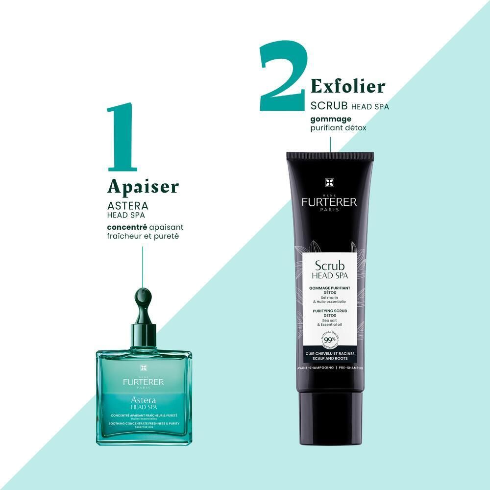 Produit et tube. Texte: ASTERA HEAD SPA, Exfolier, gommage. Produit et tube côte à côte.