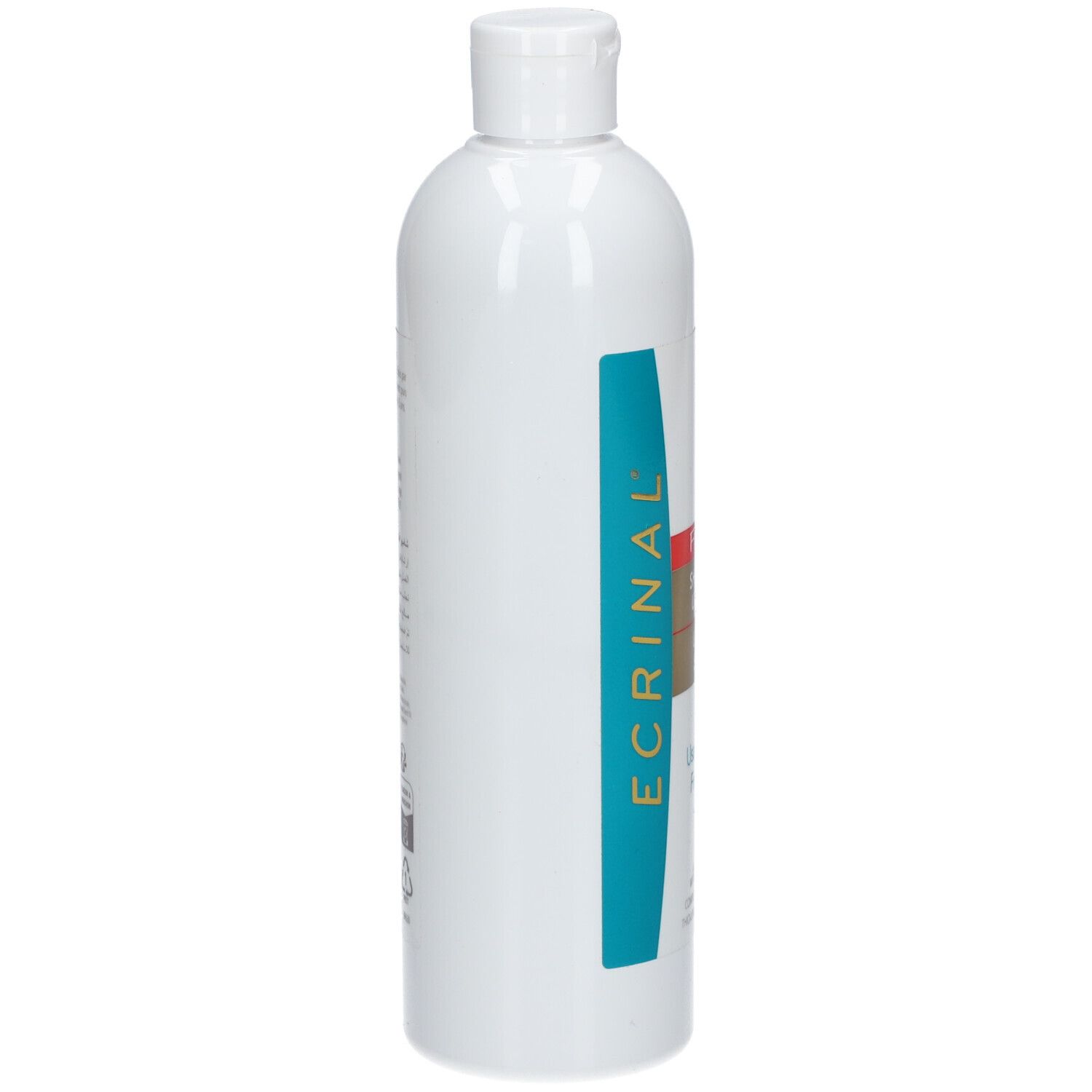 Flacon de shampooing blanc avec étiquette bleue et texte : ECRINAL. Flacon avec bouchon blanc.