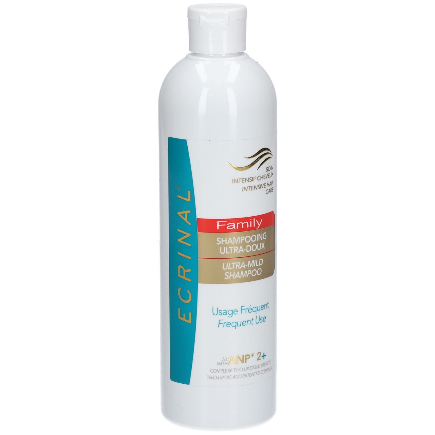 Flacon de shampooing blanc avec étiquettes bleues et rouges. Texte : ECRINAL, Family Shampooing Ultra-Doux, Ultra-Mild Shampoo.